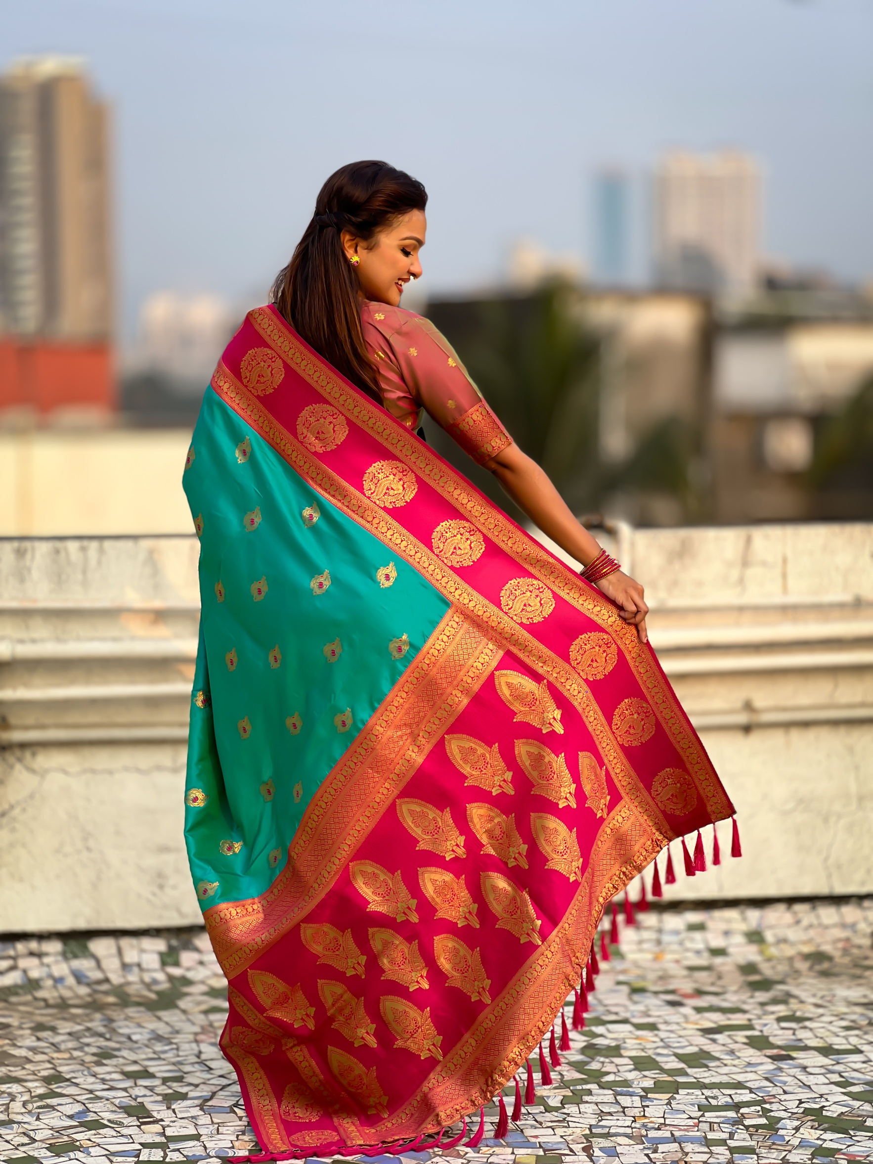 Sea Green Zari Woven Soft Silk Elegant Saree — alternate view