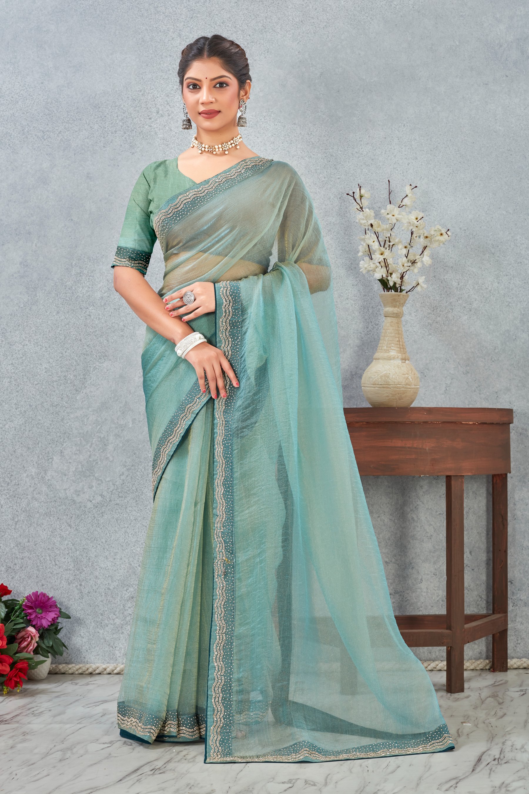 Sea Green Zircon Border Soft Silk Saree