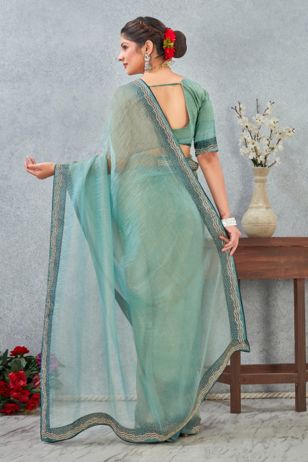Sea Green Zircon Border Soft Silk Saree — alternate view