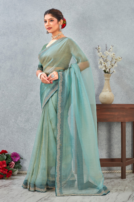 Sea Green Zircon Border Soft Silk Saree
