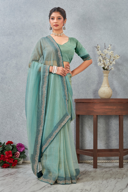 Sea Green Zircon Border Soft Silk Saree