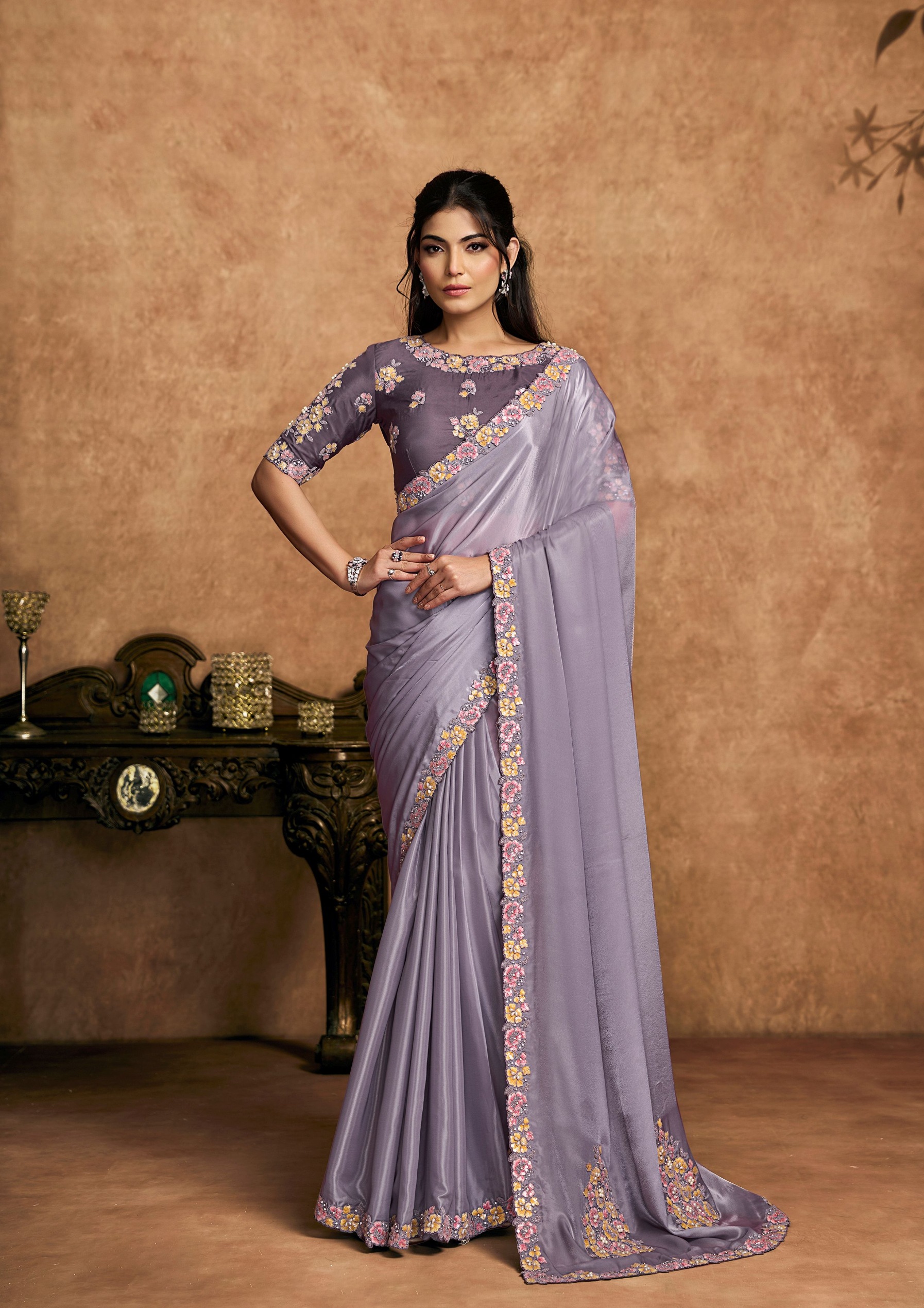 Signature Light Purple Crepe Satin Designer Saree