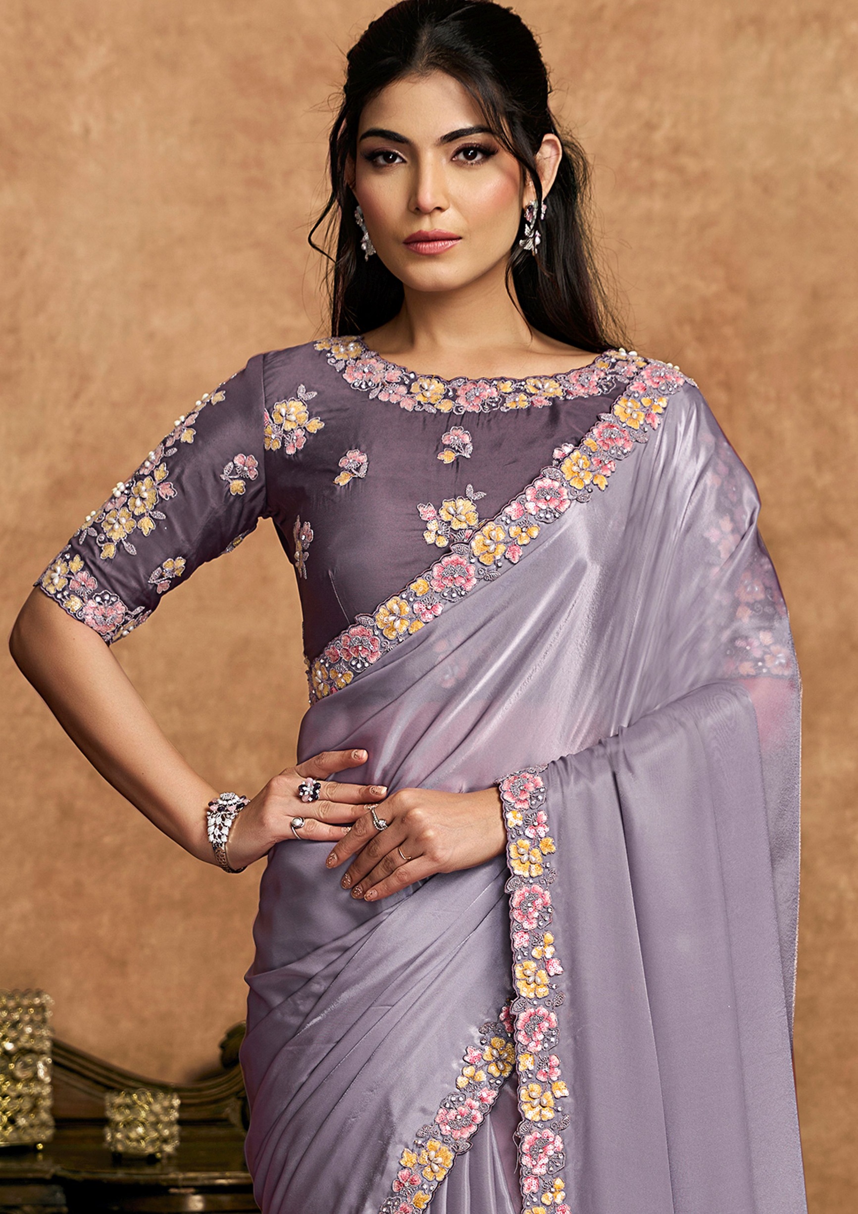 Signature Light Purple Crepe Satin Designer Saree — alternate view