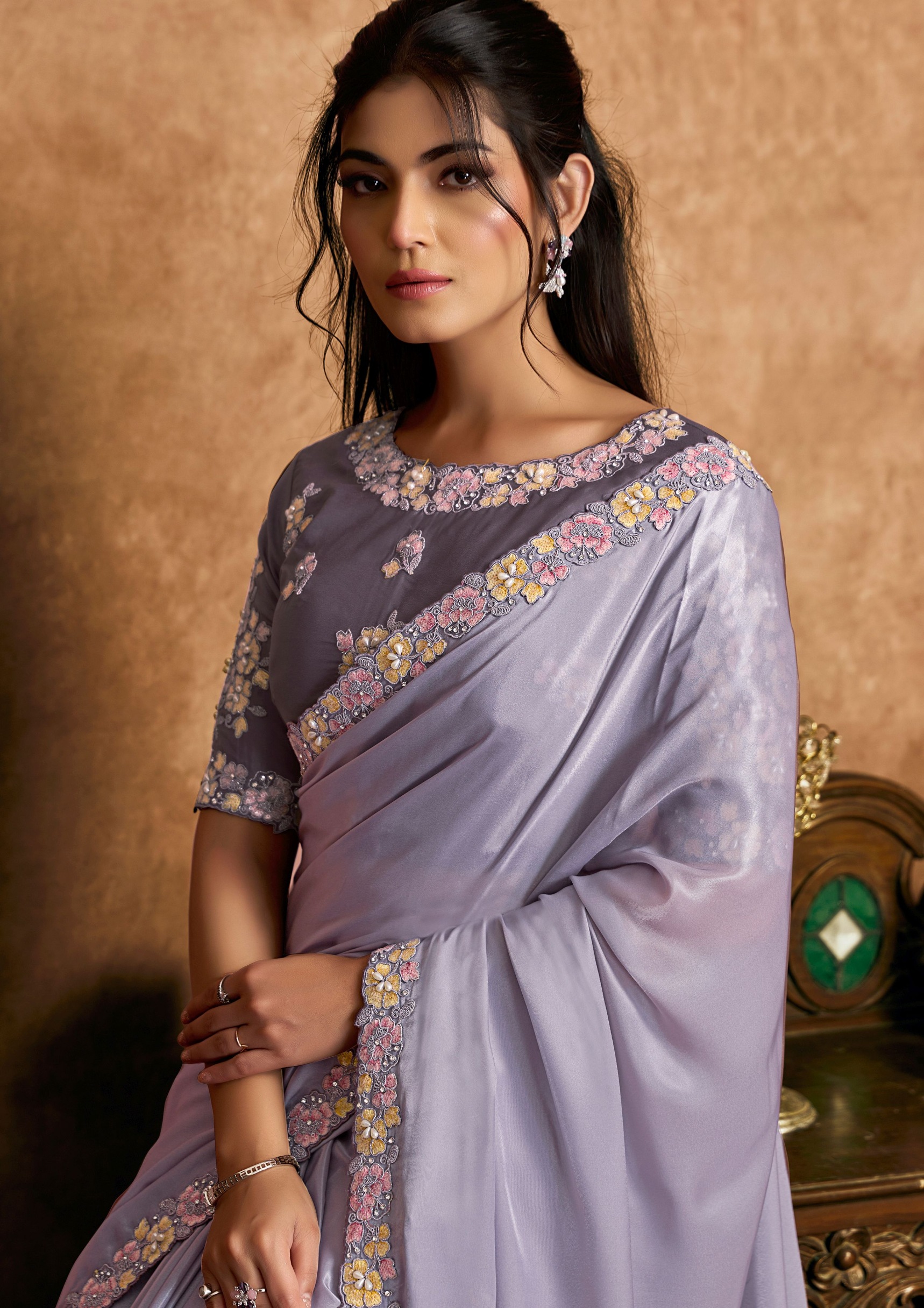 Signature Light Purple Crepe Satin Designer Saree