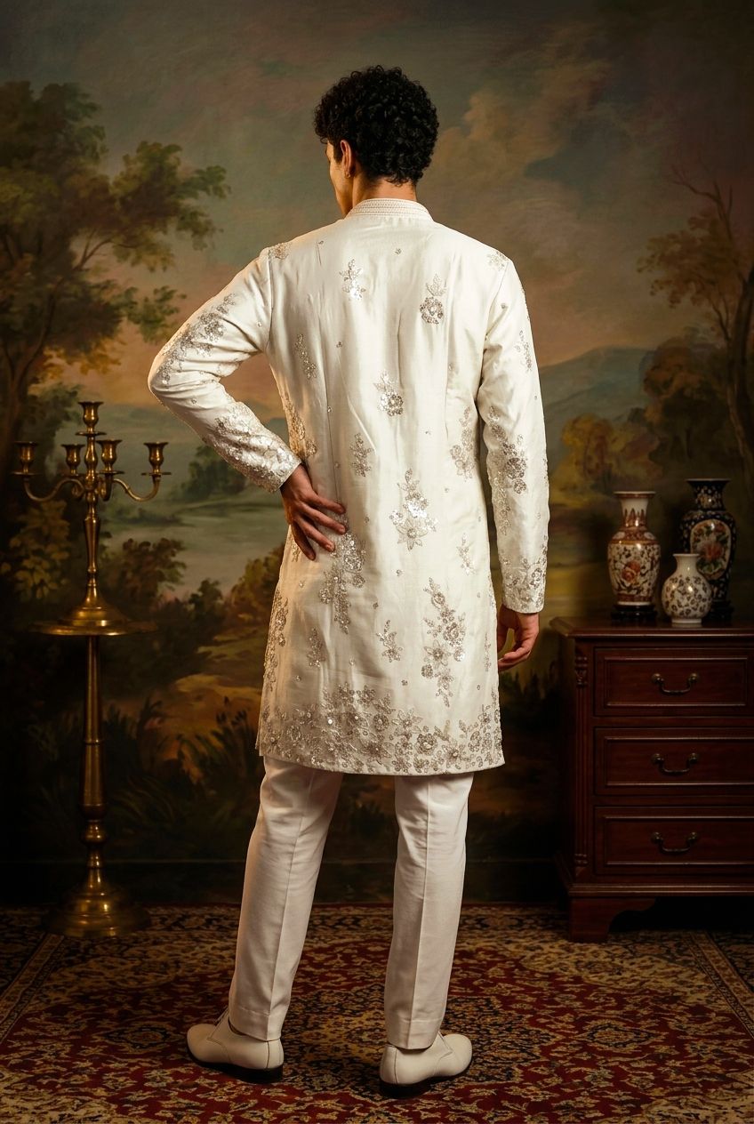 Silver Floral Embroidery Silk Kurta Pyjama — alternate view
