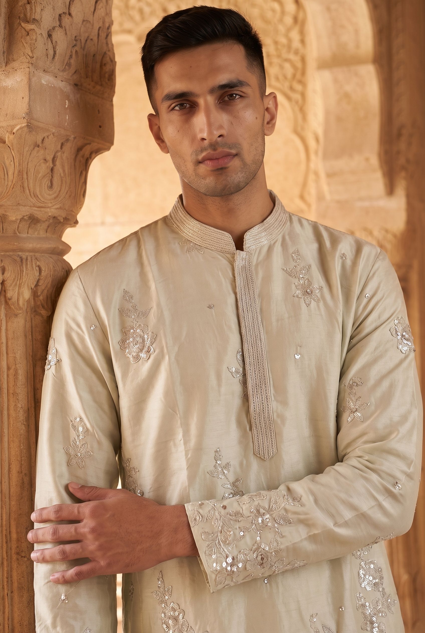 Silver Floral Embroidery Silk Kurta Pyjama