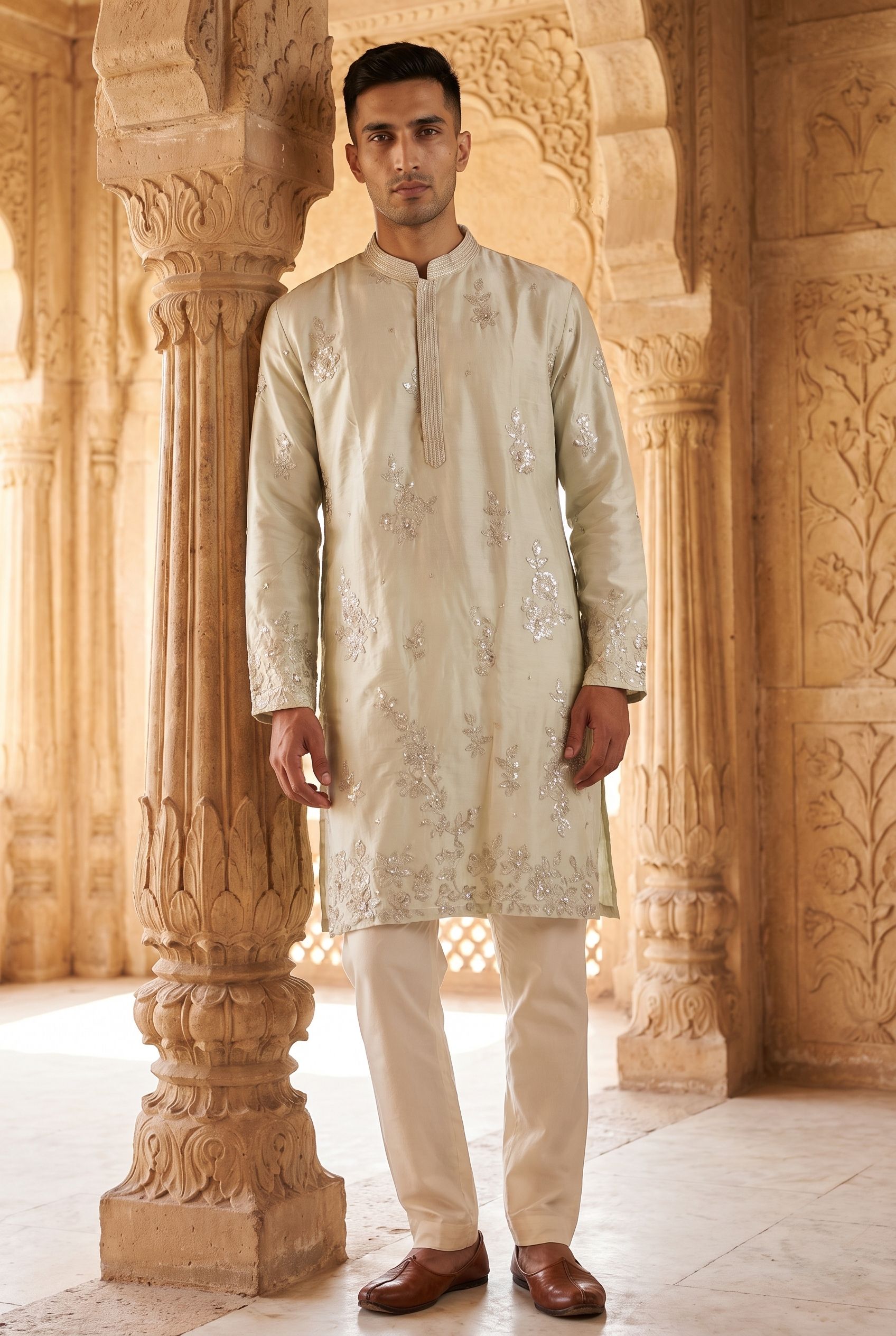 Silver Floral Embroidery Silk Kurta Pyjama