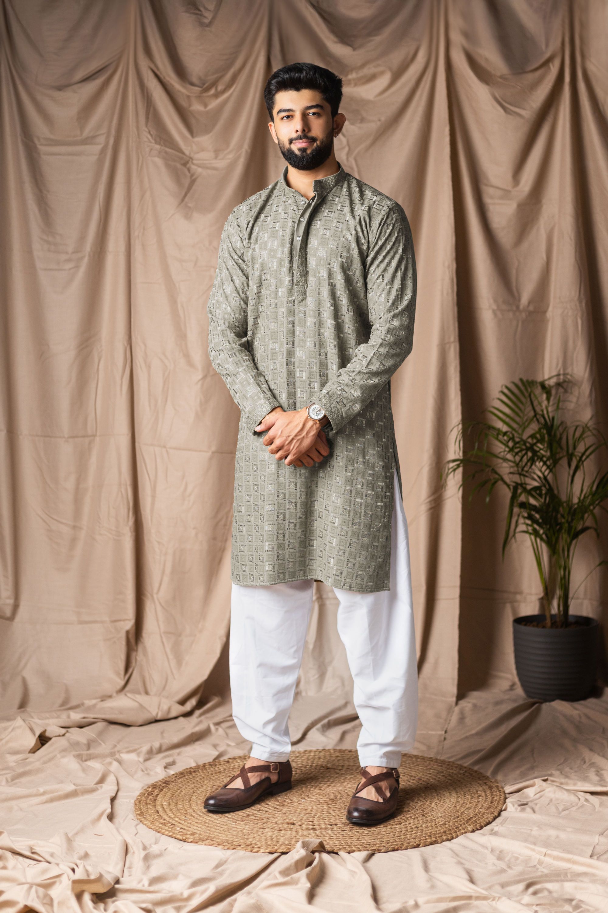 Silver Grey Embroidered Viscose Rayon Kurta Pyjama