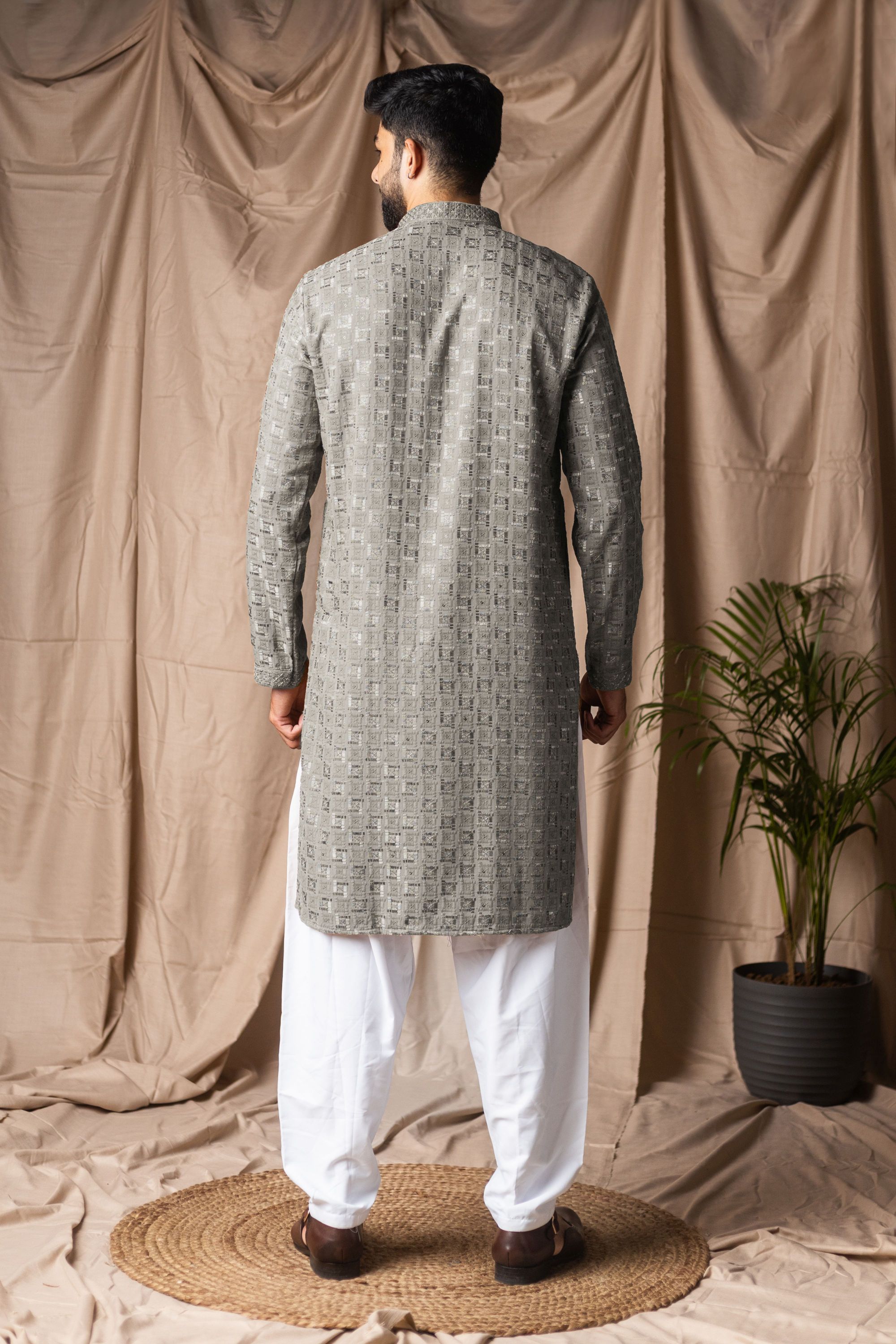 Silver Grey Embroidered Viscose Rayon Kurta Pyjama — alternate view