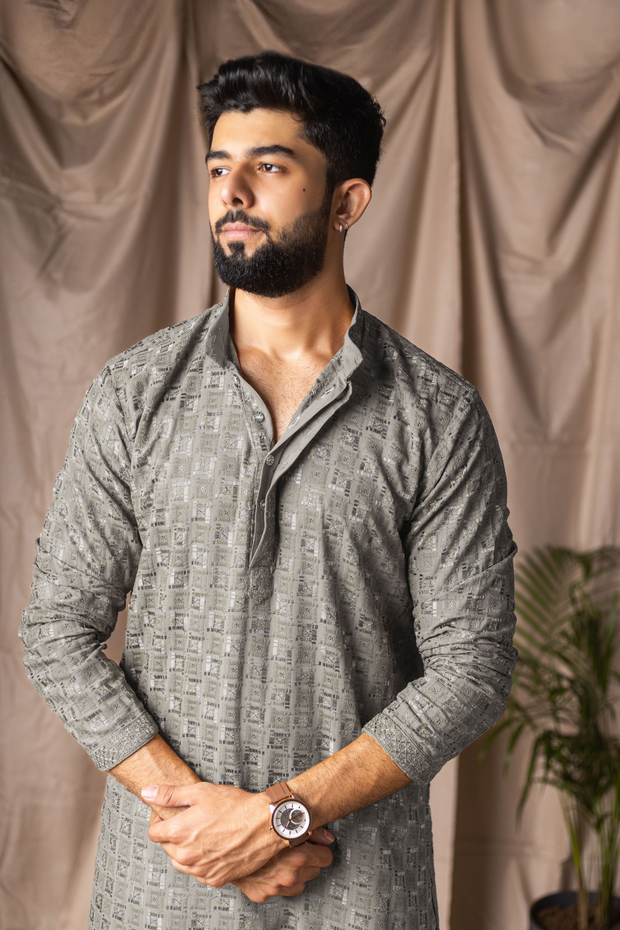 Silver Grey Embroidered Viscose Rayon Kurta Pyjama