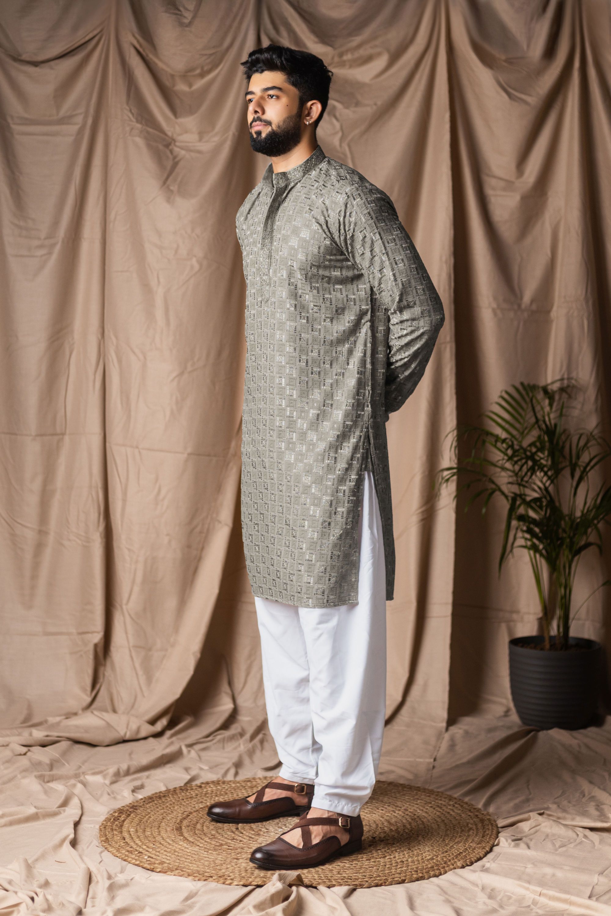 Silver Grey Embroidered Viscose Rayon Kurta Pyjama