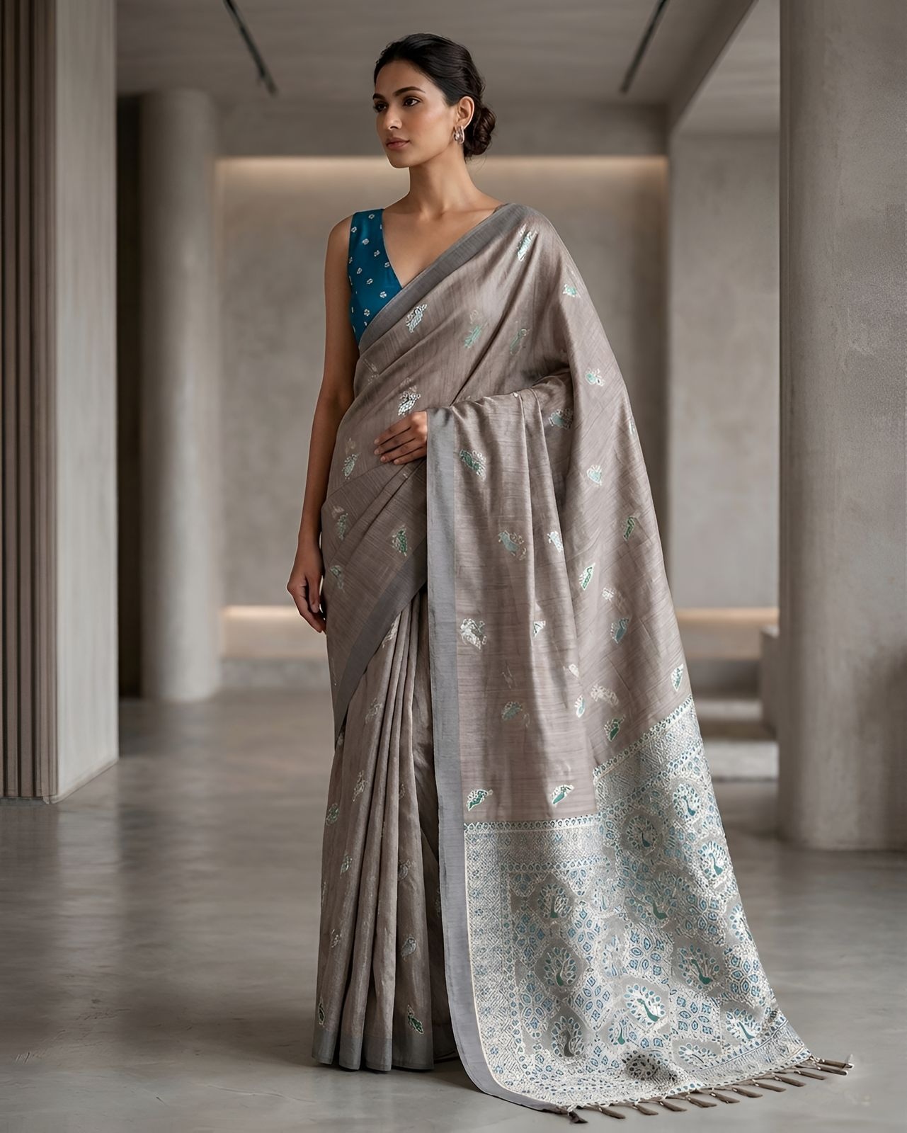 Silver Grey Heritage Paisley Woven Saree