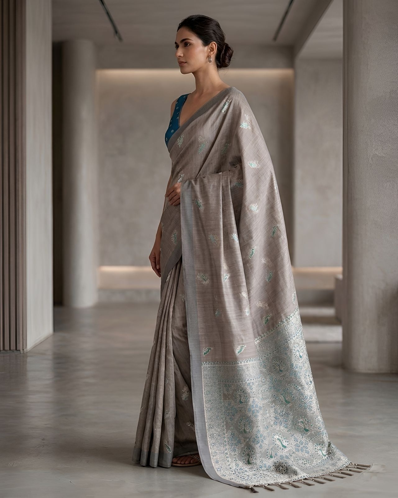 Silver Grey Heritage Paisley Woven Saree — alternate view
