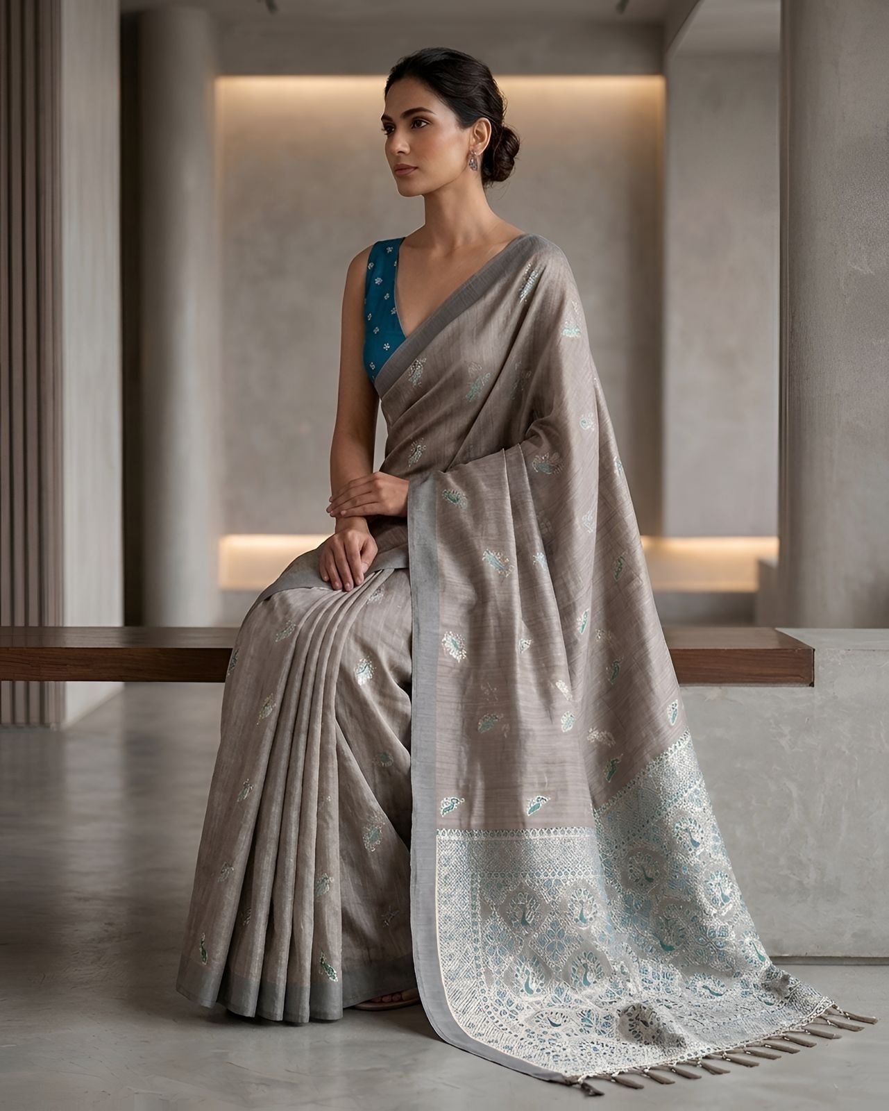 Silver Grey Heritage Paisley Woven Saree