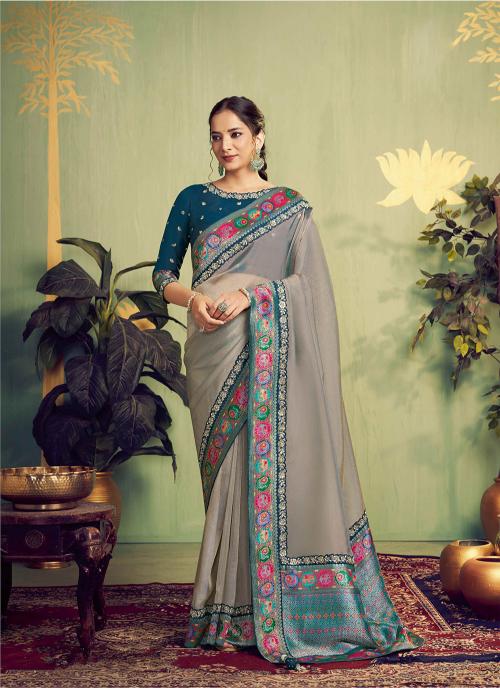 Silver Grey Teal Woven Tissue Silk Saree