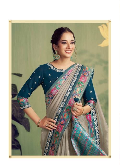 Silver Grey Teal Woven Tissue Silk Saree