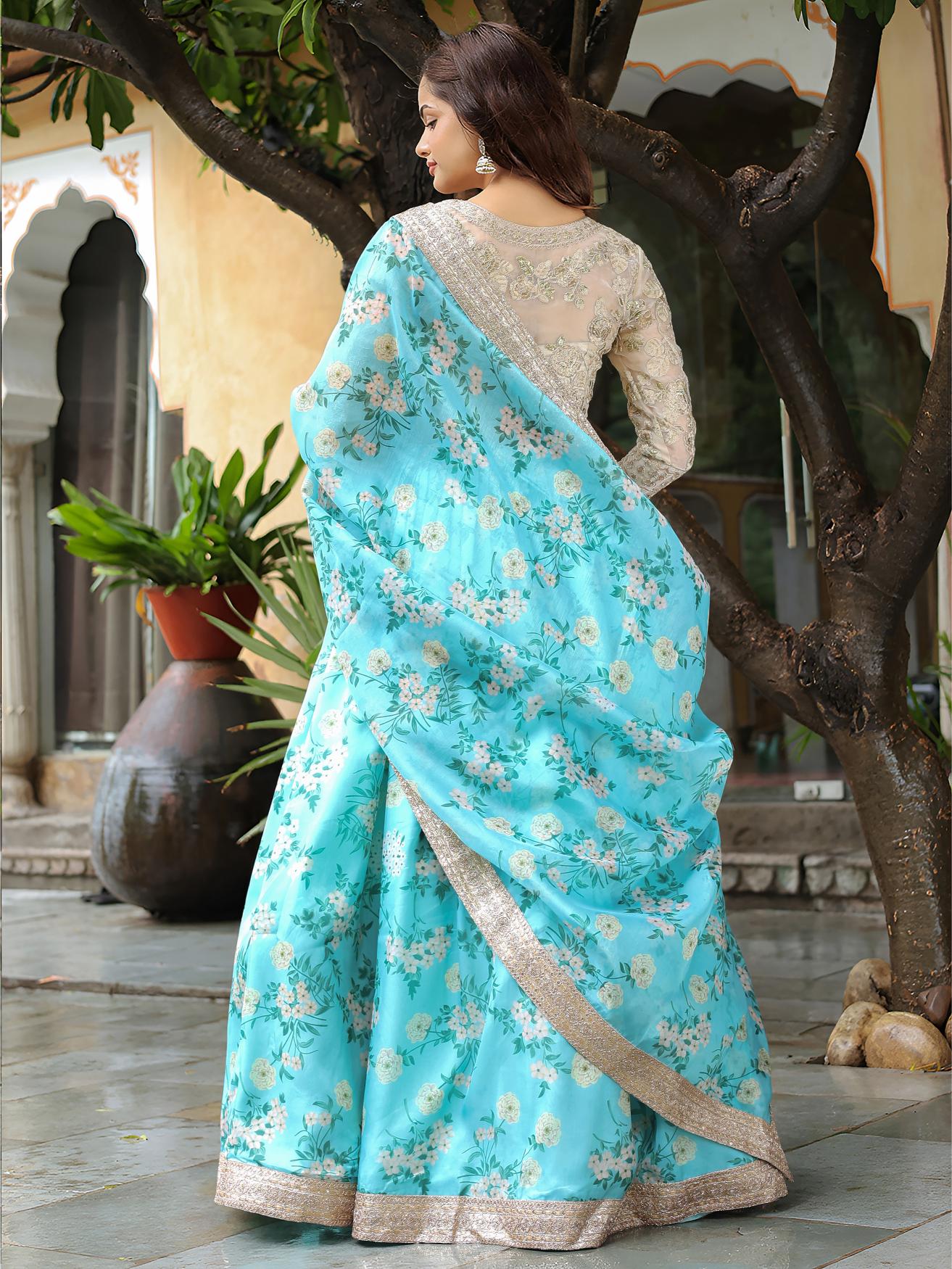 Sky Blue And Beige Organza Lehenga Choli — alternate view