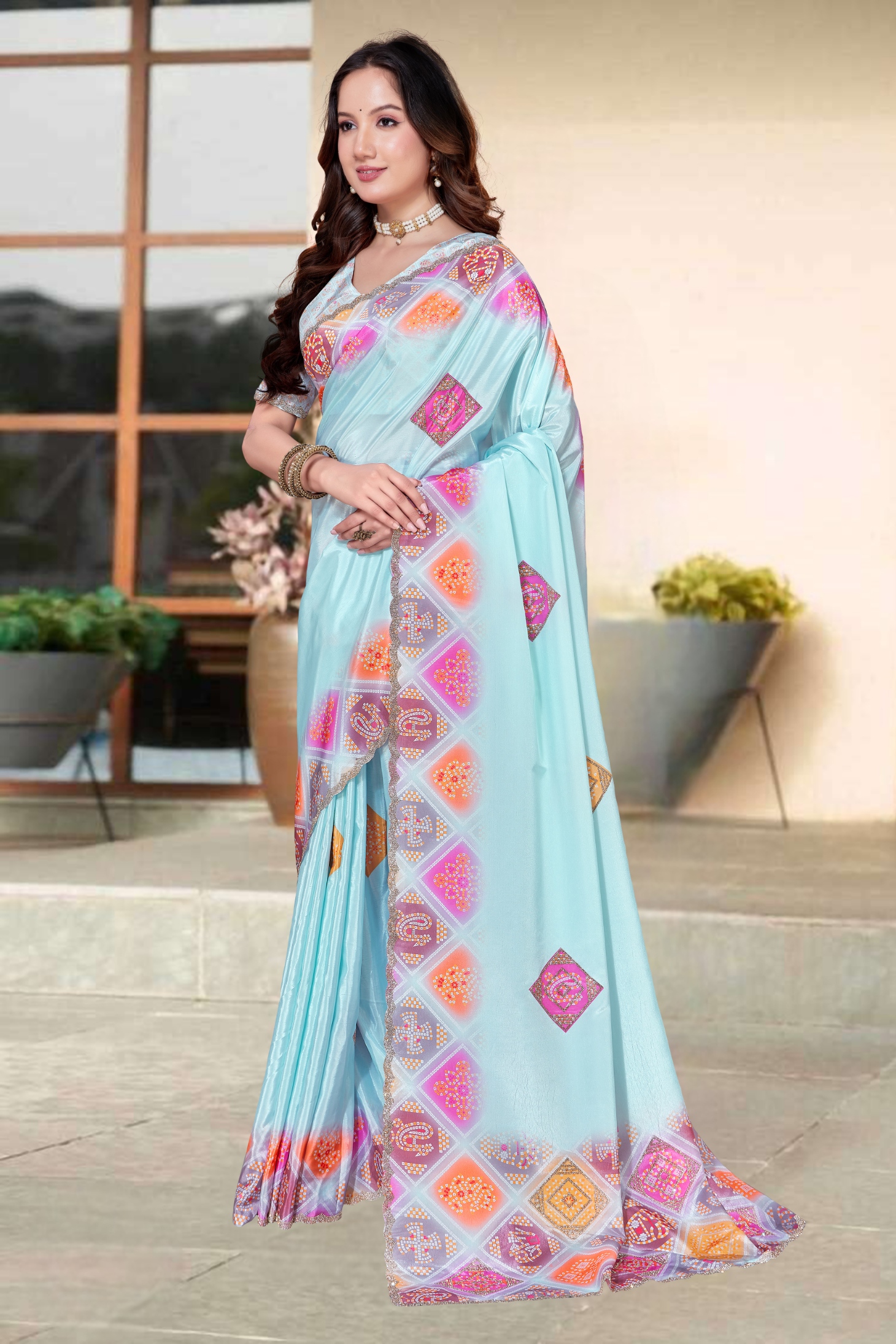 Sky Blue Bandani Zircon Silk Saree