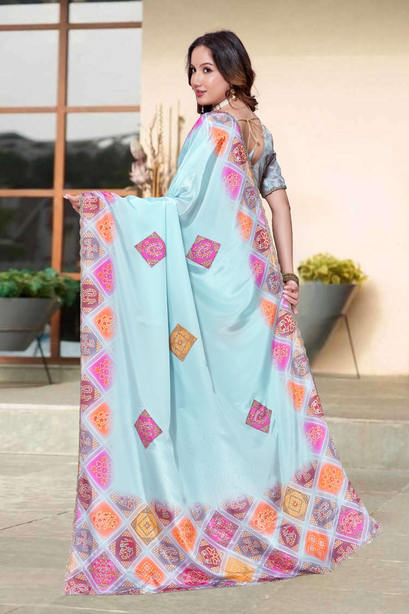 Sky Blue Bandani Zircon Silk Saree — alternate view