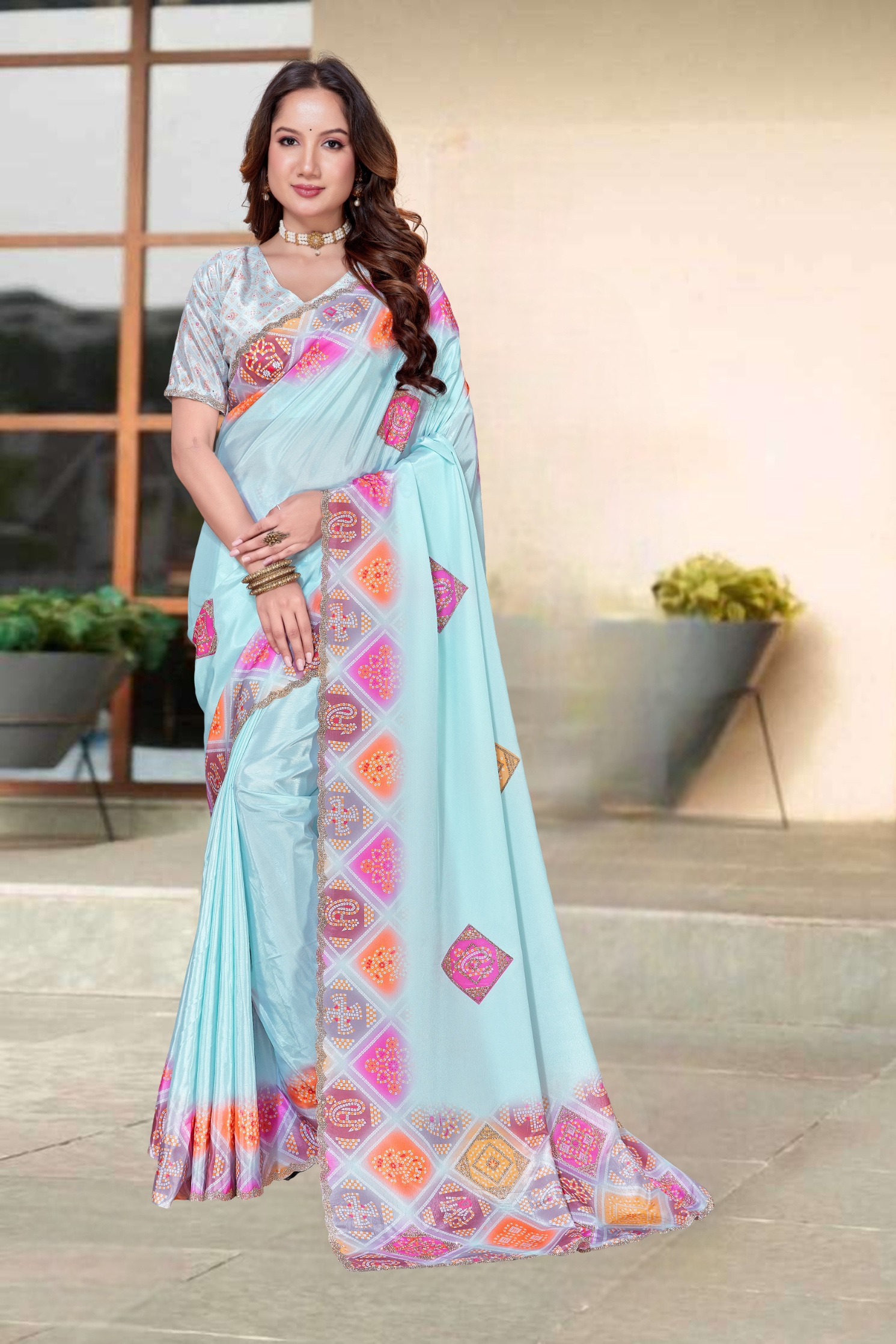 Sky Blue Bandani Zircon Silk Saree