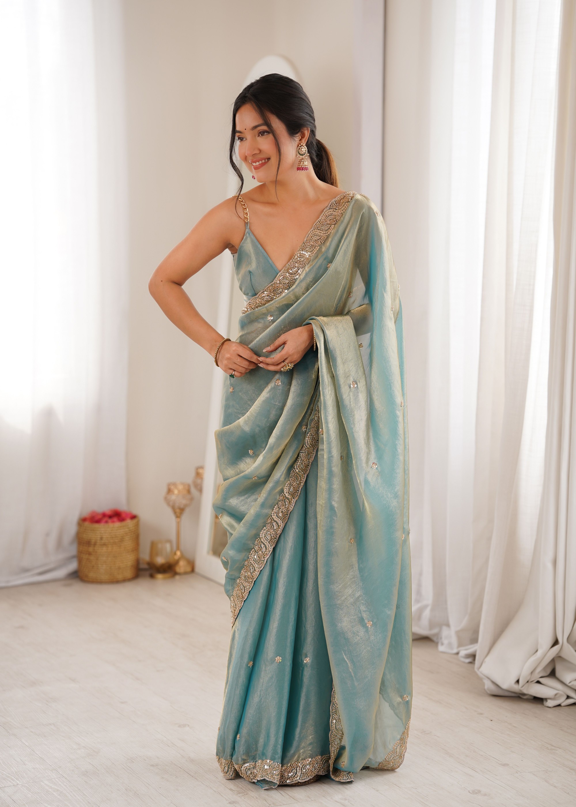 Sky Blue Beads Pearl Fendy Satin Saree