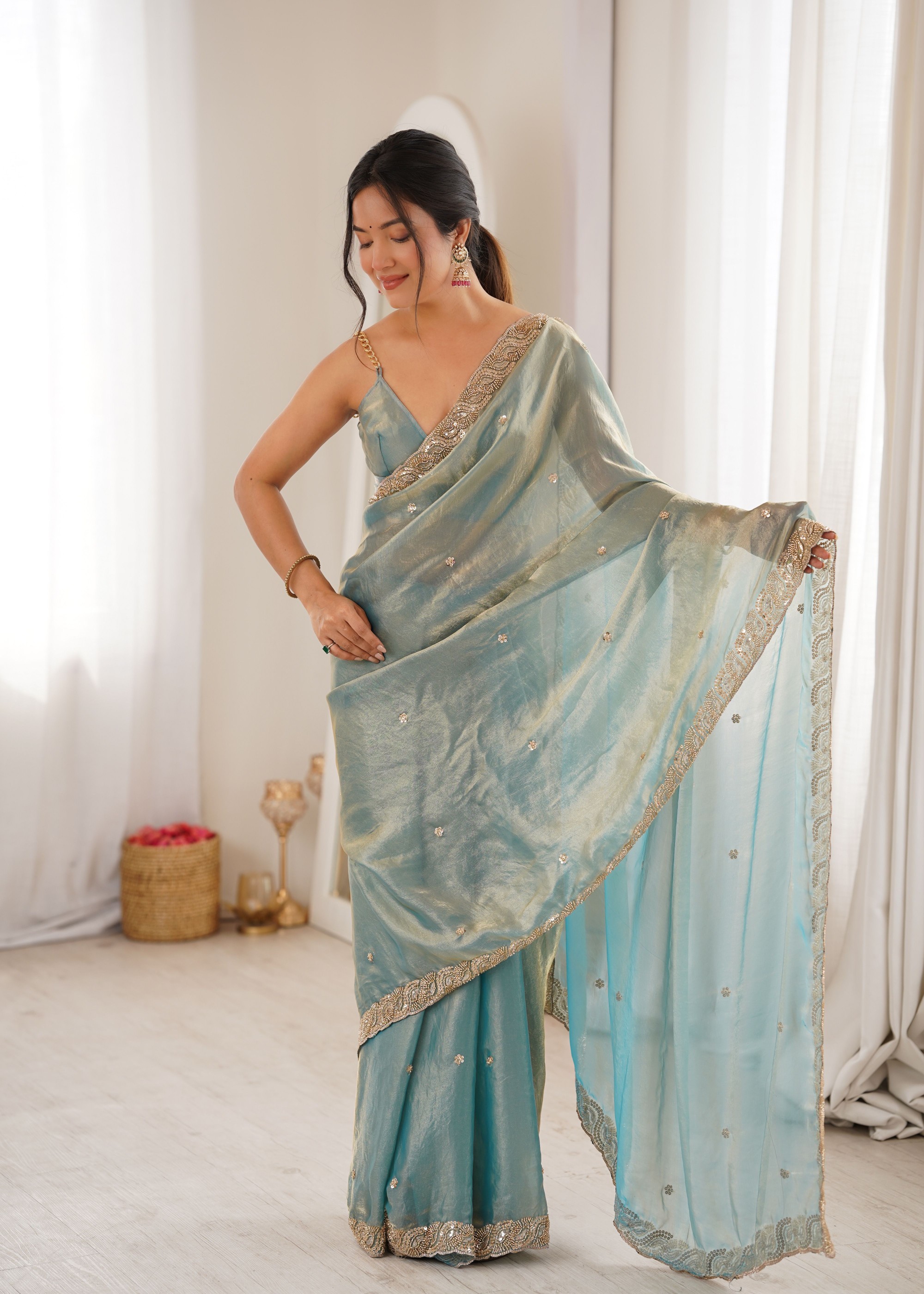 Sky Blue Beads Pearl Fendy Satin Saree — alternate view