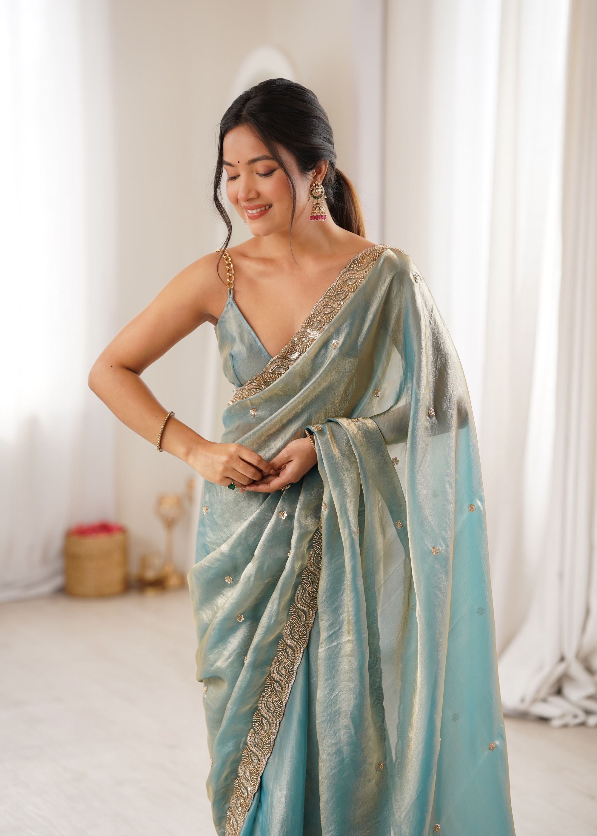 Sky Blue Beads Pearl Fendy Satin Saree