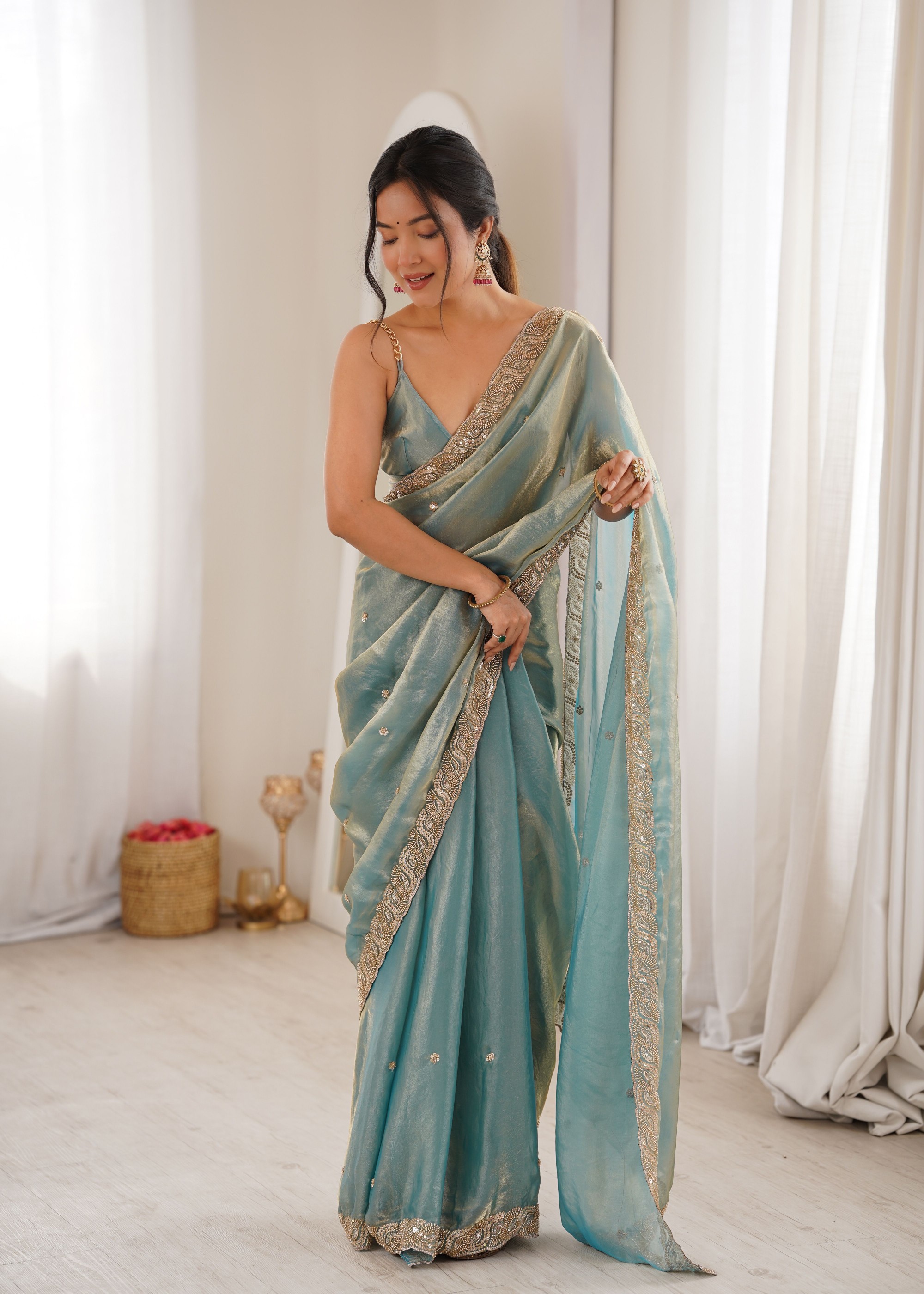 Sky Blue Beads Pearl Fendy Satin Saree