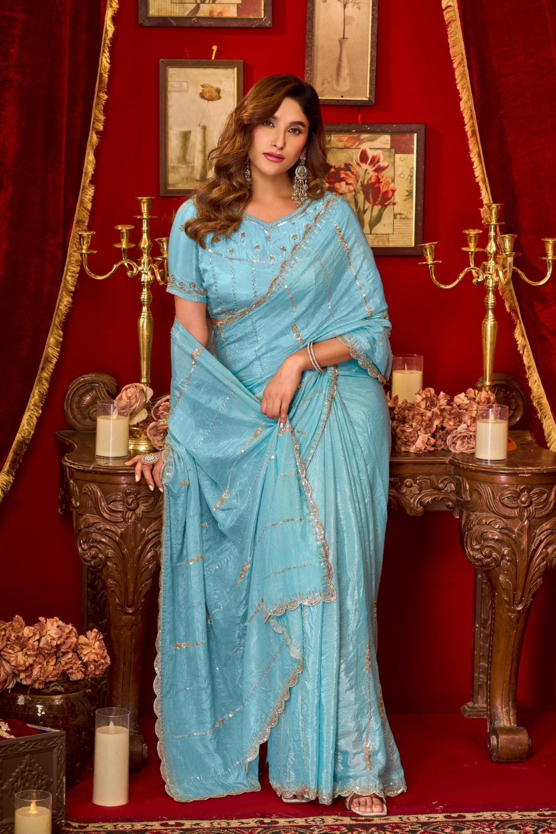 Sky Blue Beads Sequin Prada Silk Saree