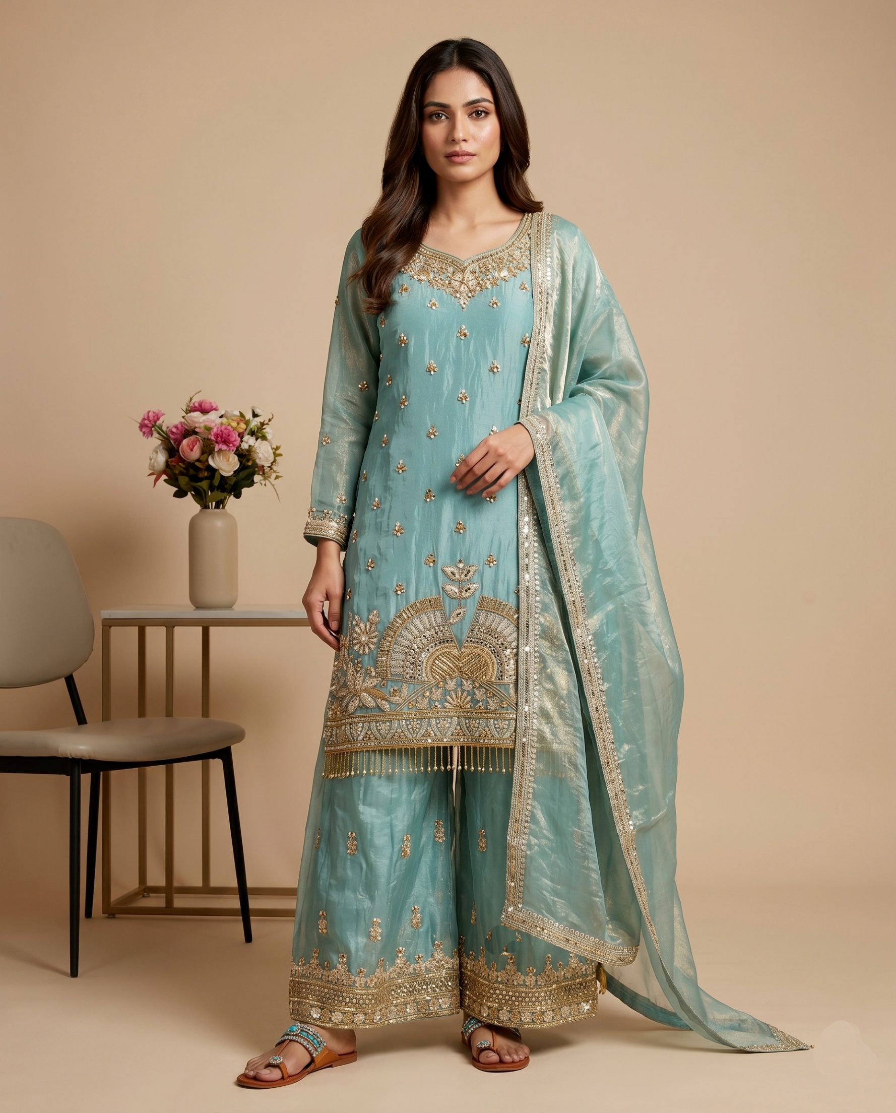 Sky Blue Buti Pure Fendy Silk Sharara Suit