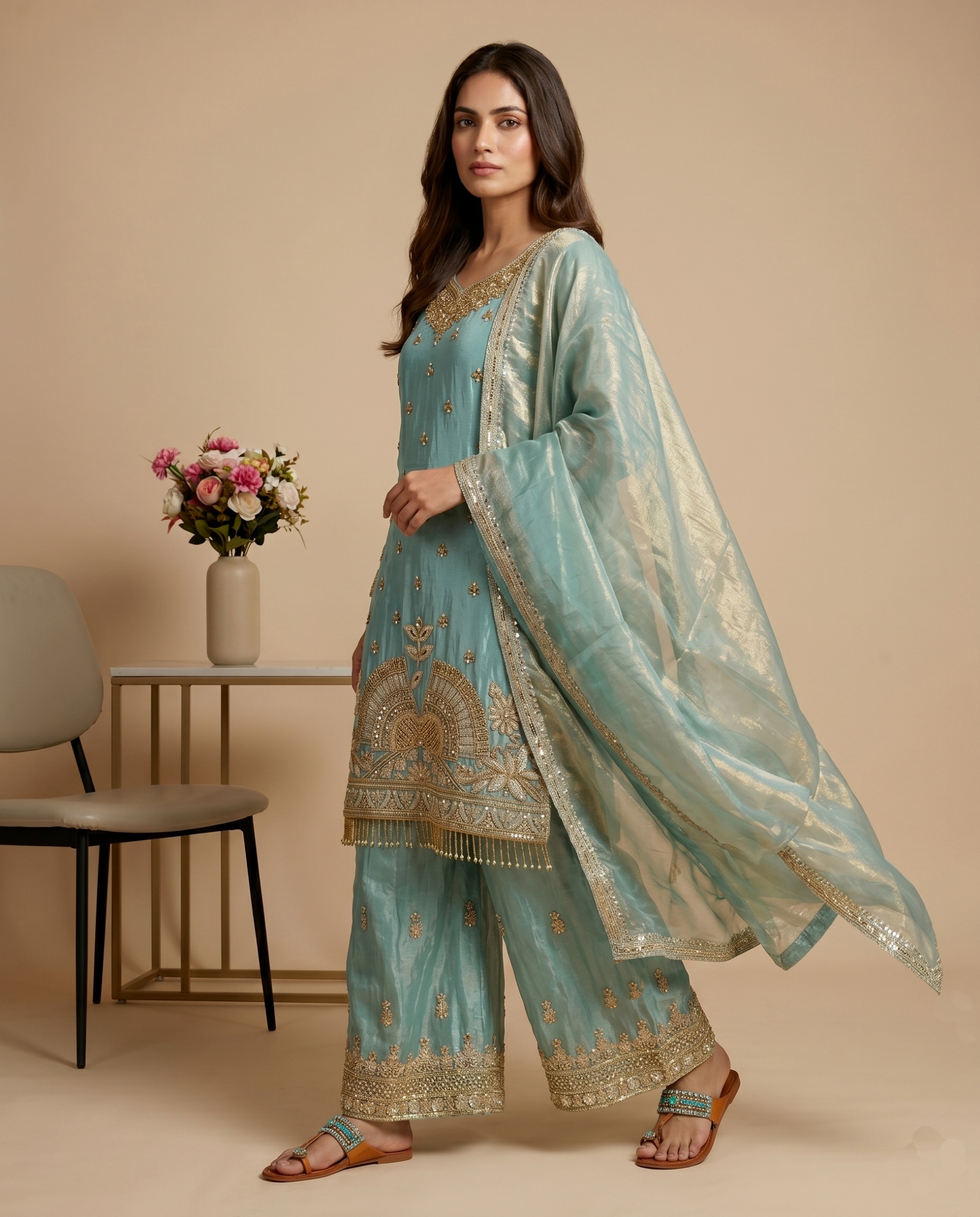 Sky Blue Buti Pure Fendy Silk Sharara Suit — alternate view