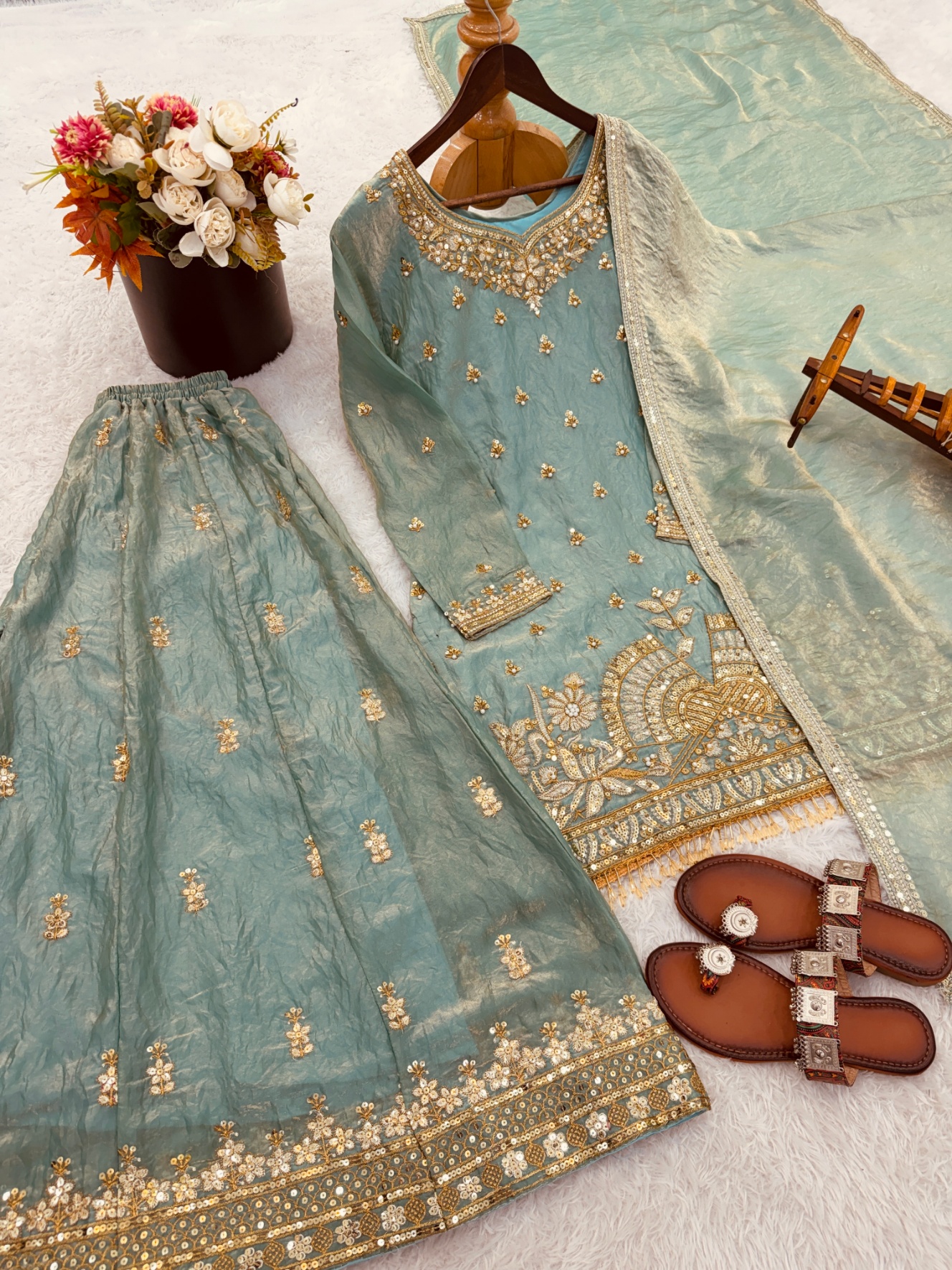 Sky Blue Buti Pure Fendy Silk Sharara Suit