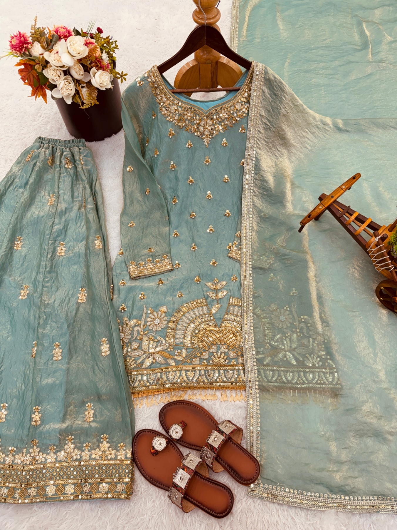 Sky Blue Buti Pure Fendy Silk Sharara Suit