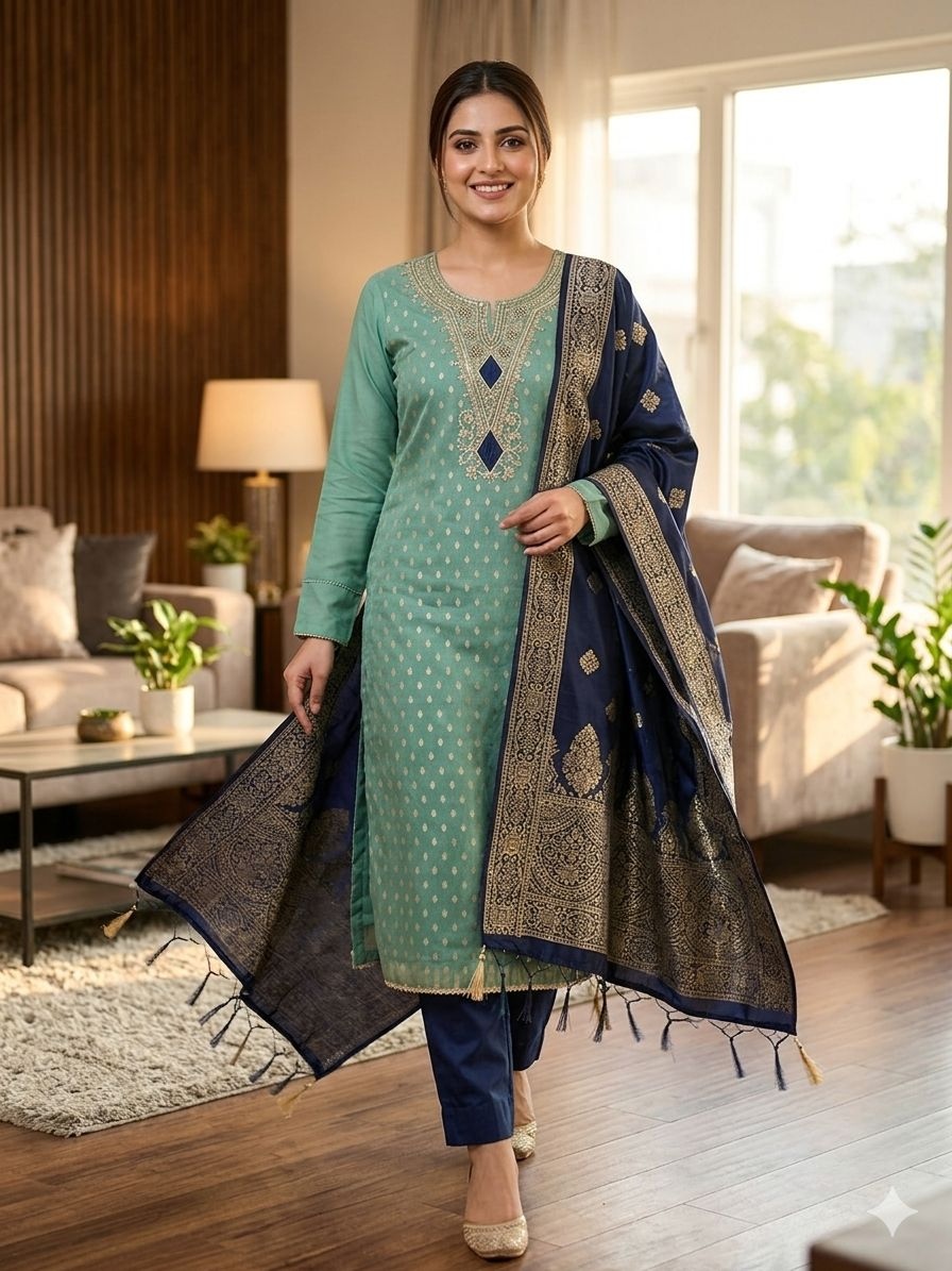 Sky Blue Butti Woven Shimmer Salwar Suit