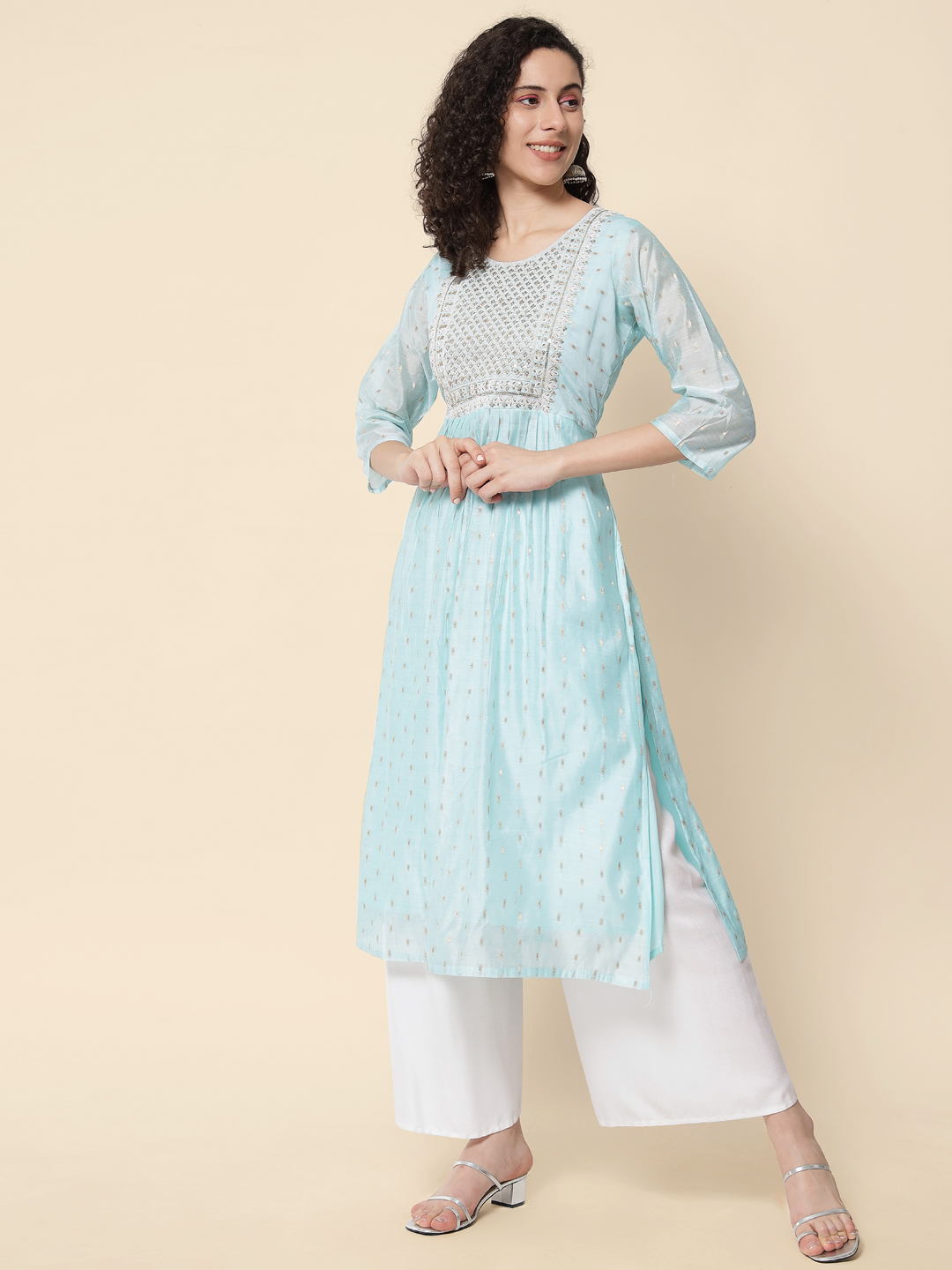 Sky Blue Chanderi Modal Embroidered Kurti