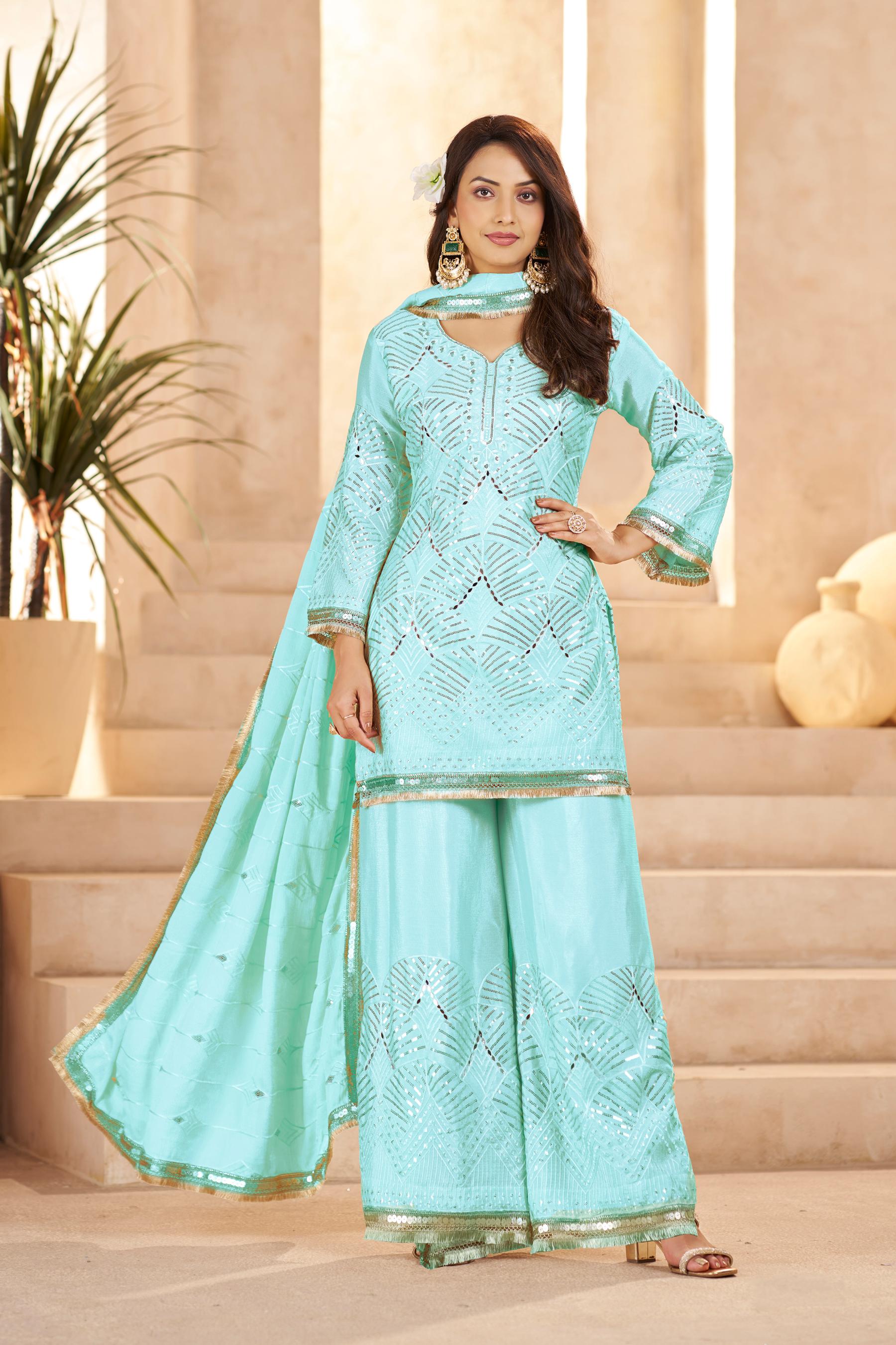 Sky Blue Chinon Thread N Sequins Embroidered Palazzo Suit