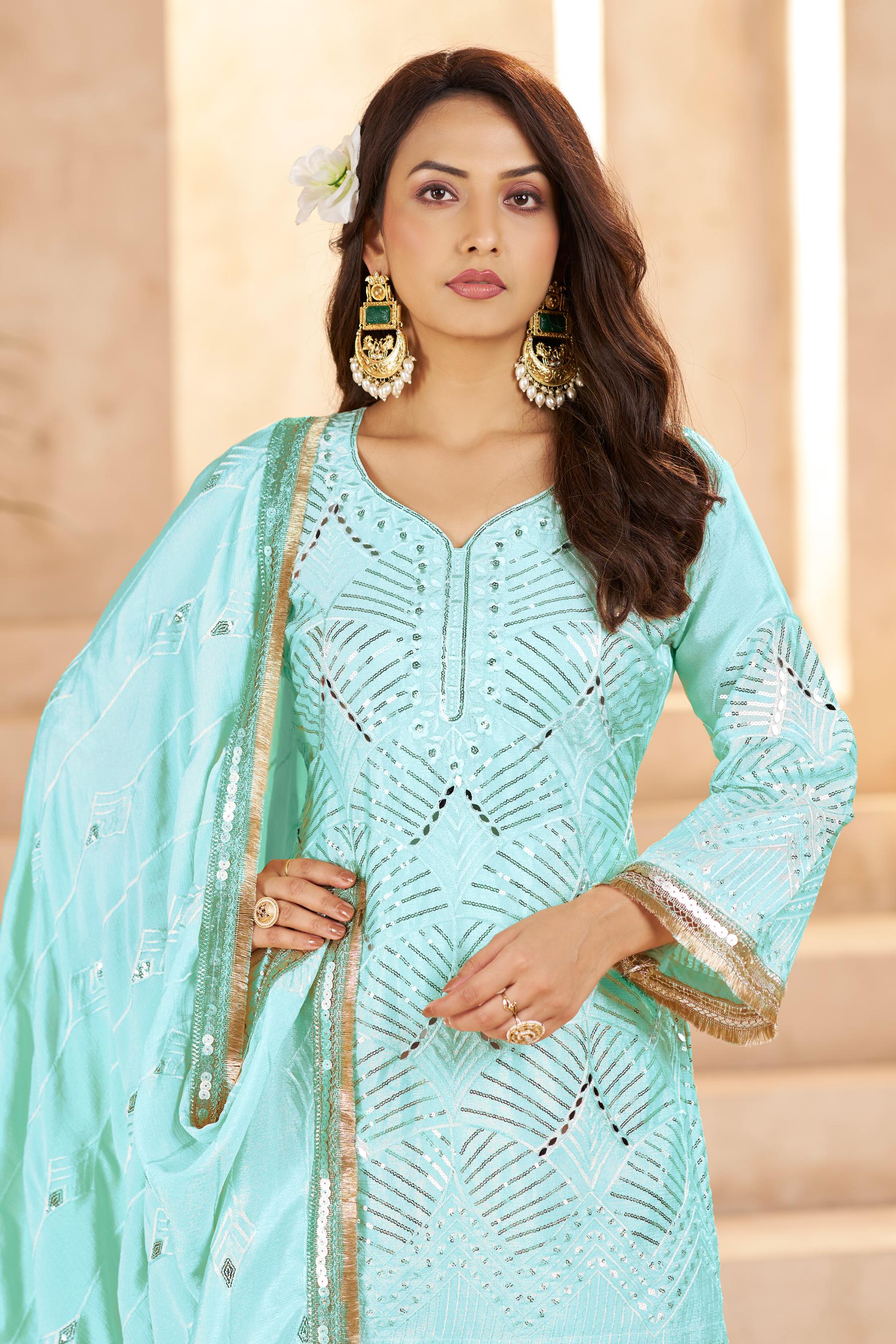 Sky Blue Chinon Thread N Sequins Embroidered Palazzo Suit — alternate view