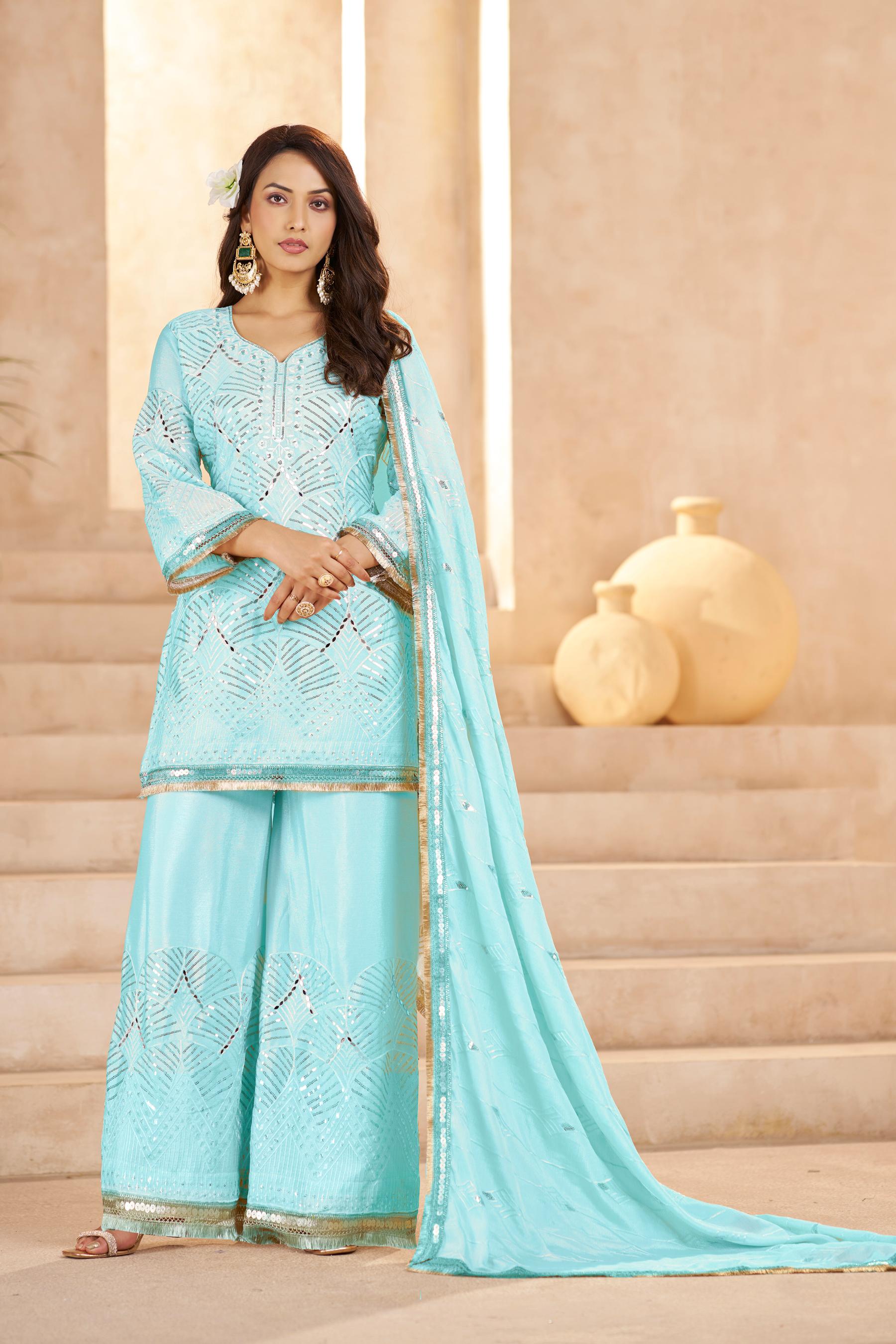 Sky Blue Chinon Thread N Sequins Embroidered Palazzo Suit