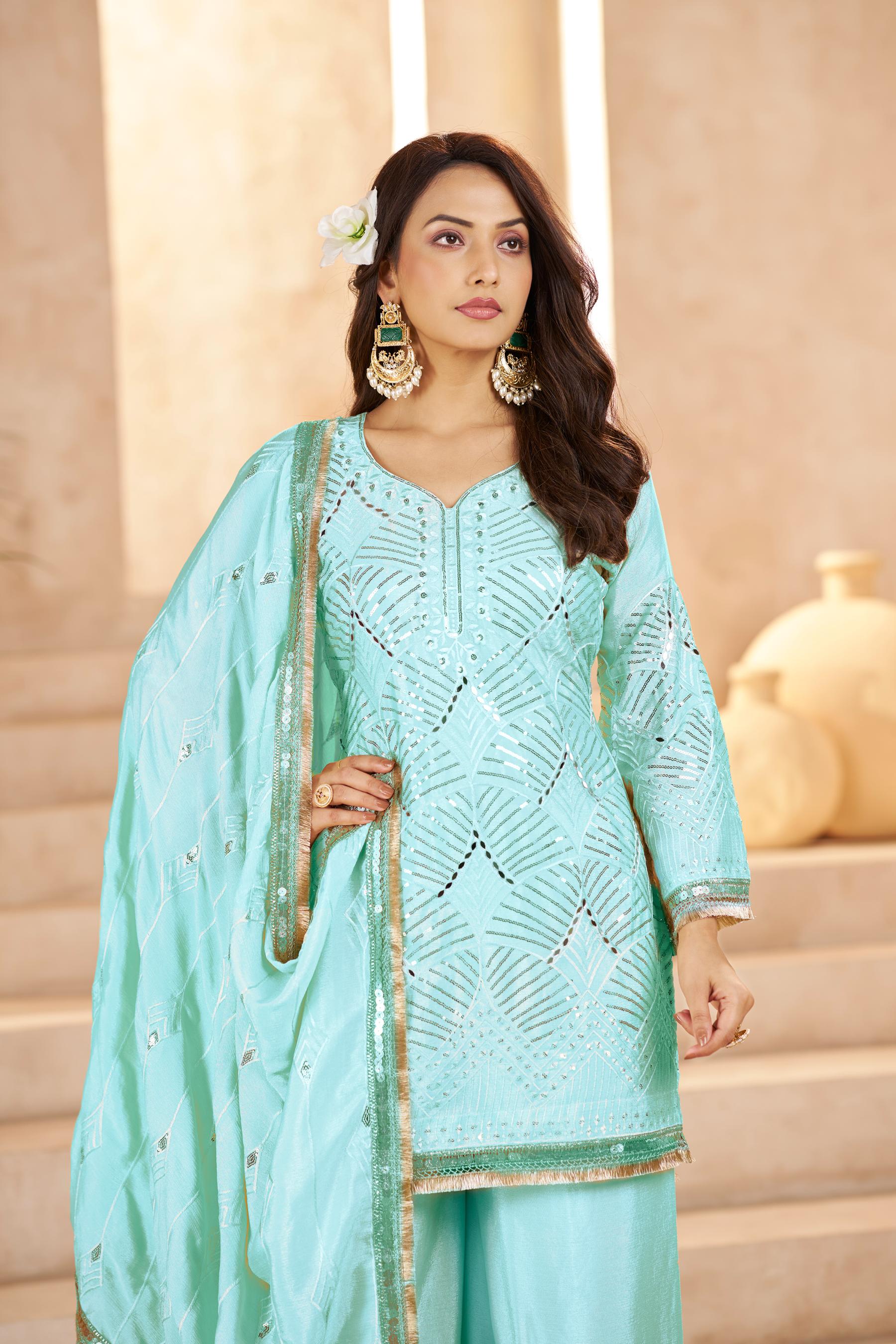 Sky Blue Chinon Thread N Sequins Embroidered Palazzo Suit