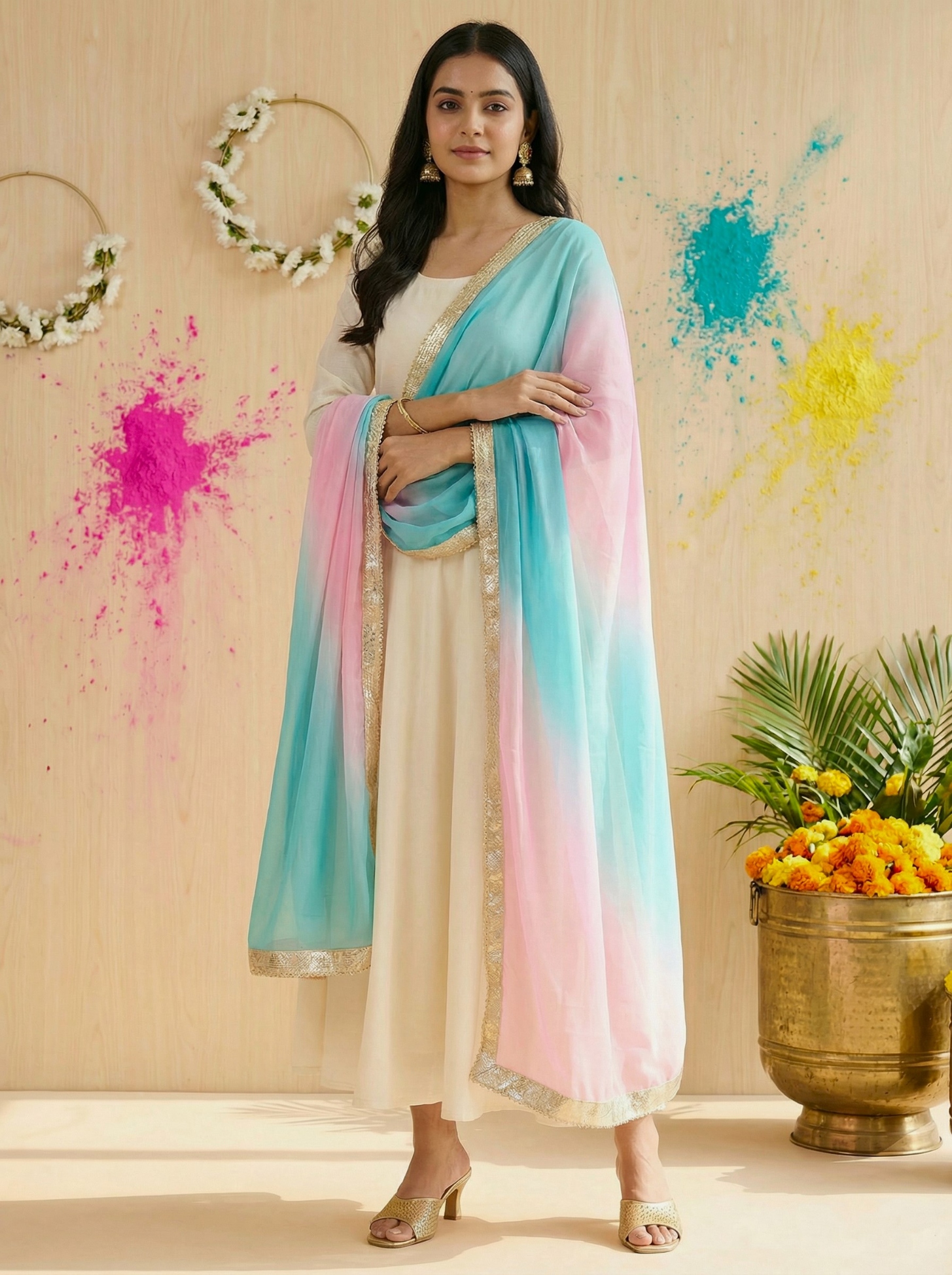 Sky Blue Designer Digital Printed Organza Dupatta