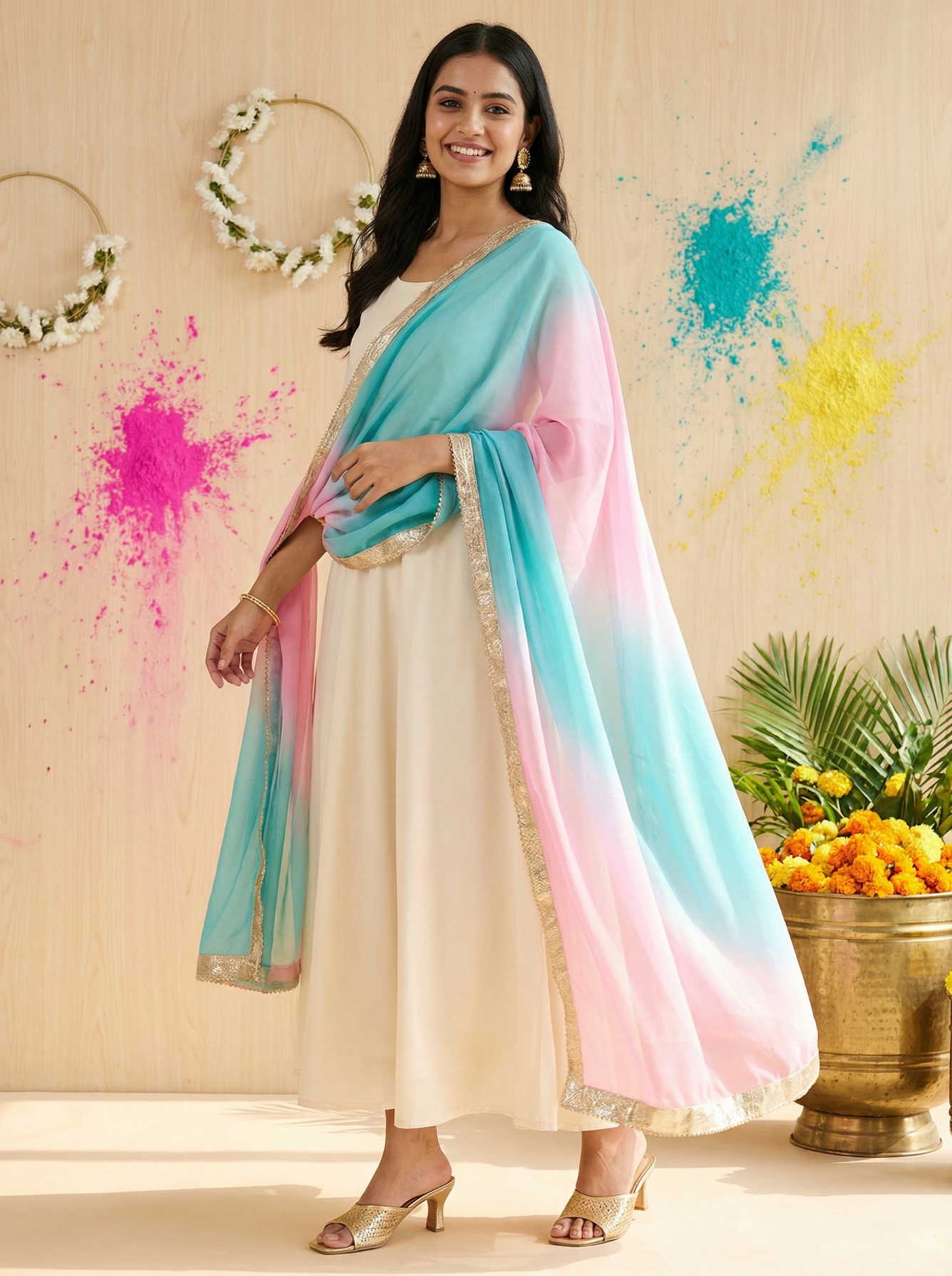Sky Blue Designer Digital Printed Organza Dupatta