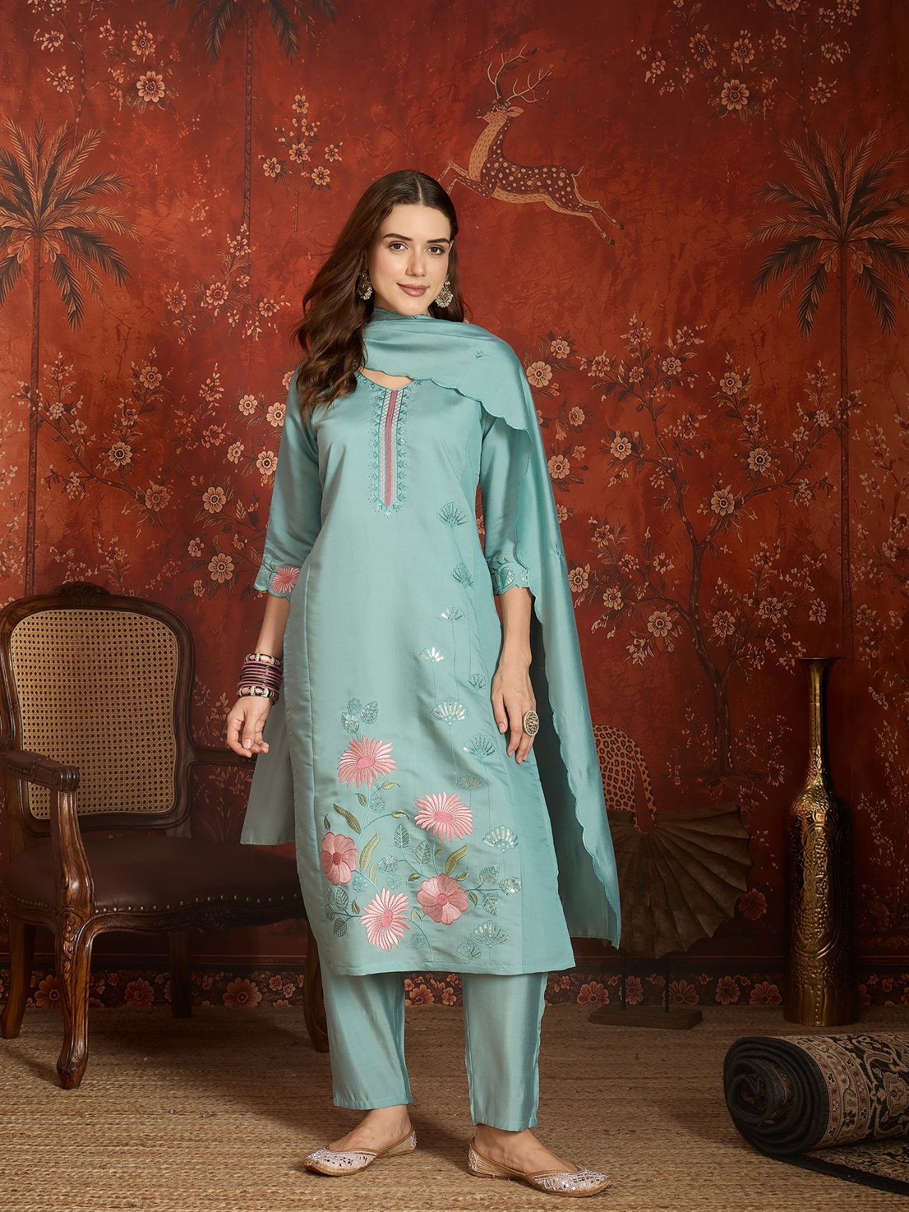 Sky Blue Designer Embroidery Roman Silk Straight Suit