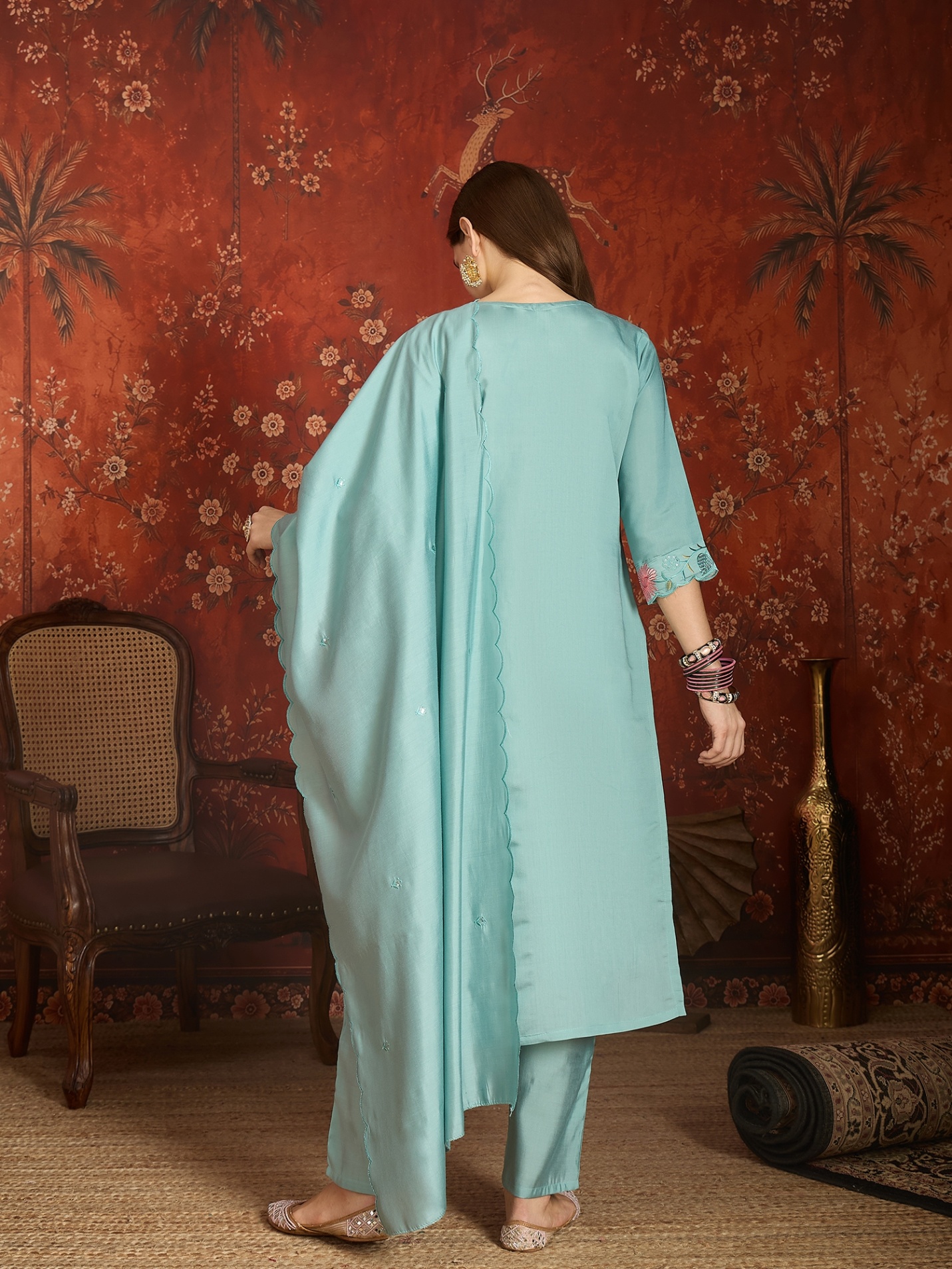 Sky Blue Designer Embroidery Roman Silk Straight Suit — alternate view