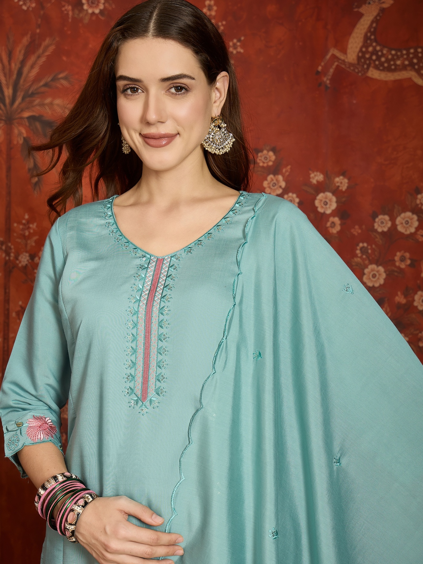 Sky Blue Designer Embroidery Roman Silk Straight Suit