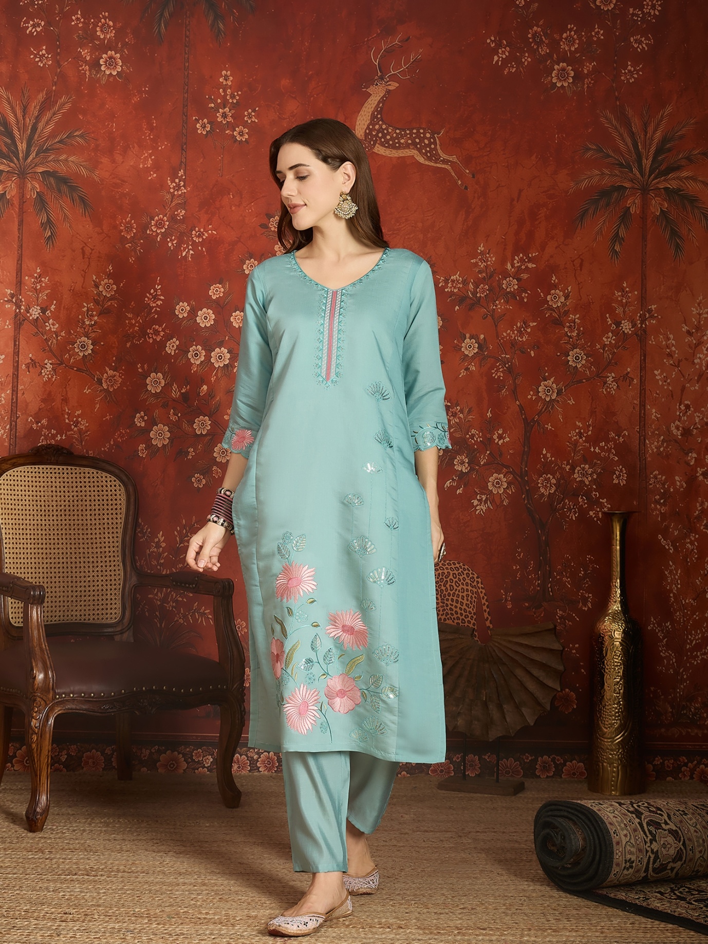 Sky Blue Designer Embroidery Roman Silk Straight Suit