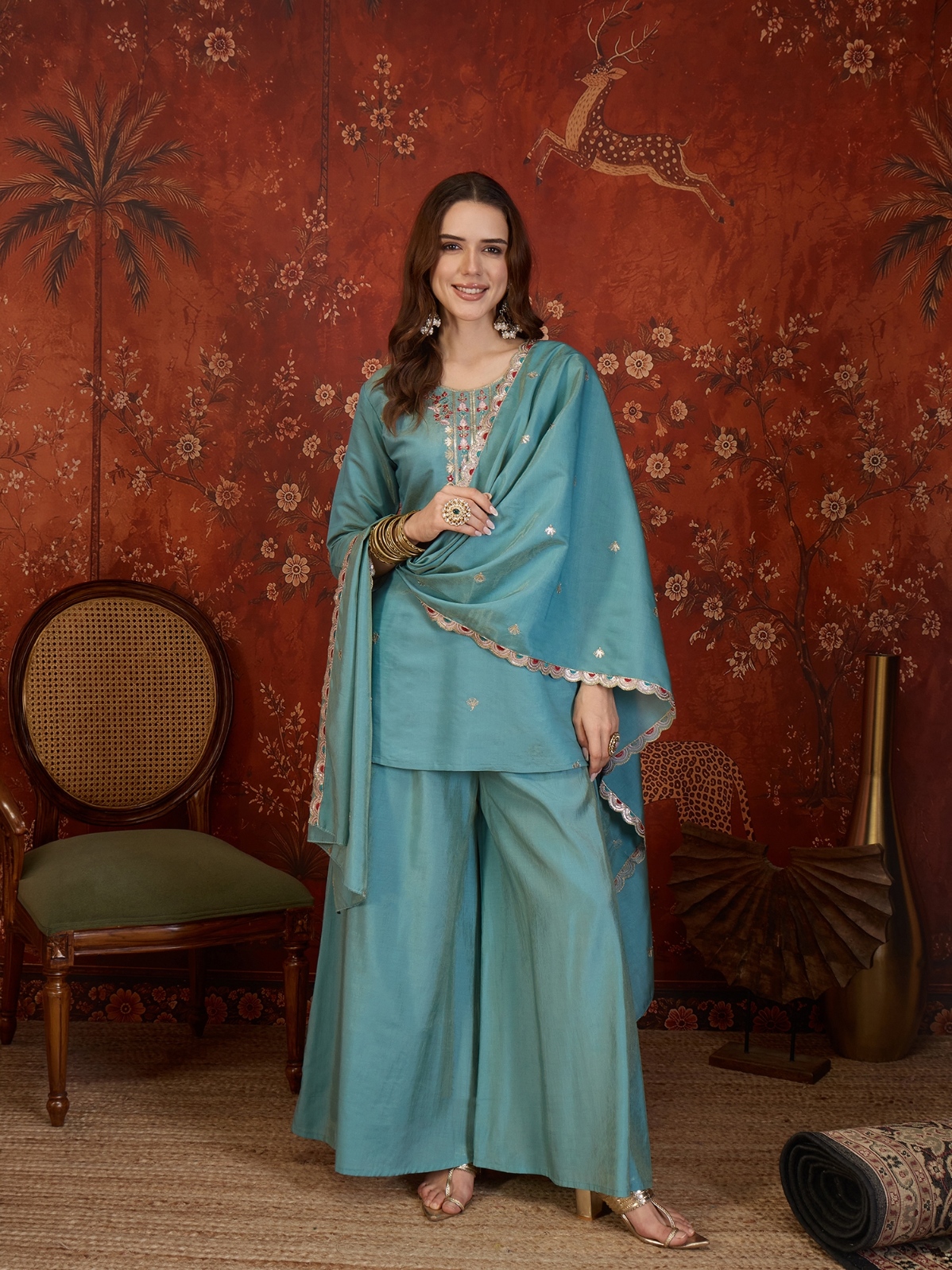 Sky Blue Designer Embroidery Roman Simmer Palazzo Suit