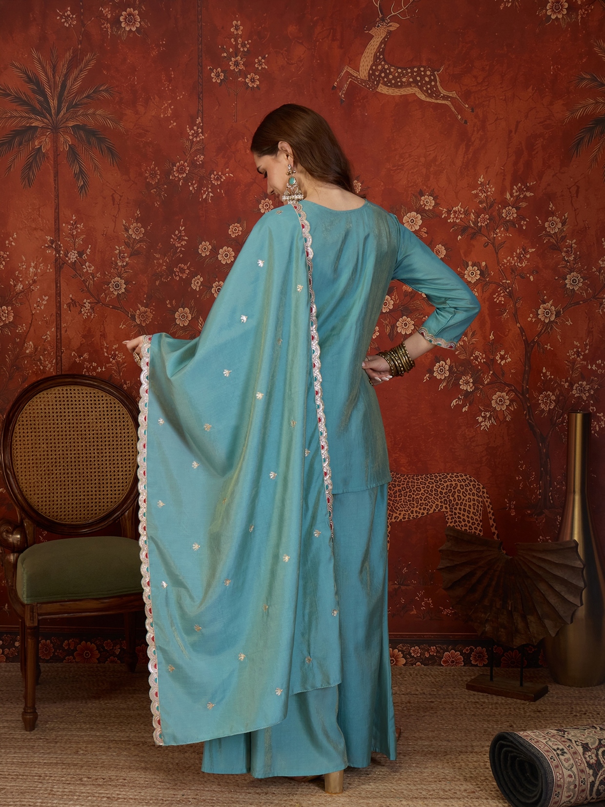 Sky Blue Designer Embroidery Roman Simmer Palazzo Suit — alternate view