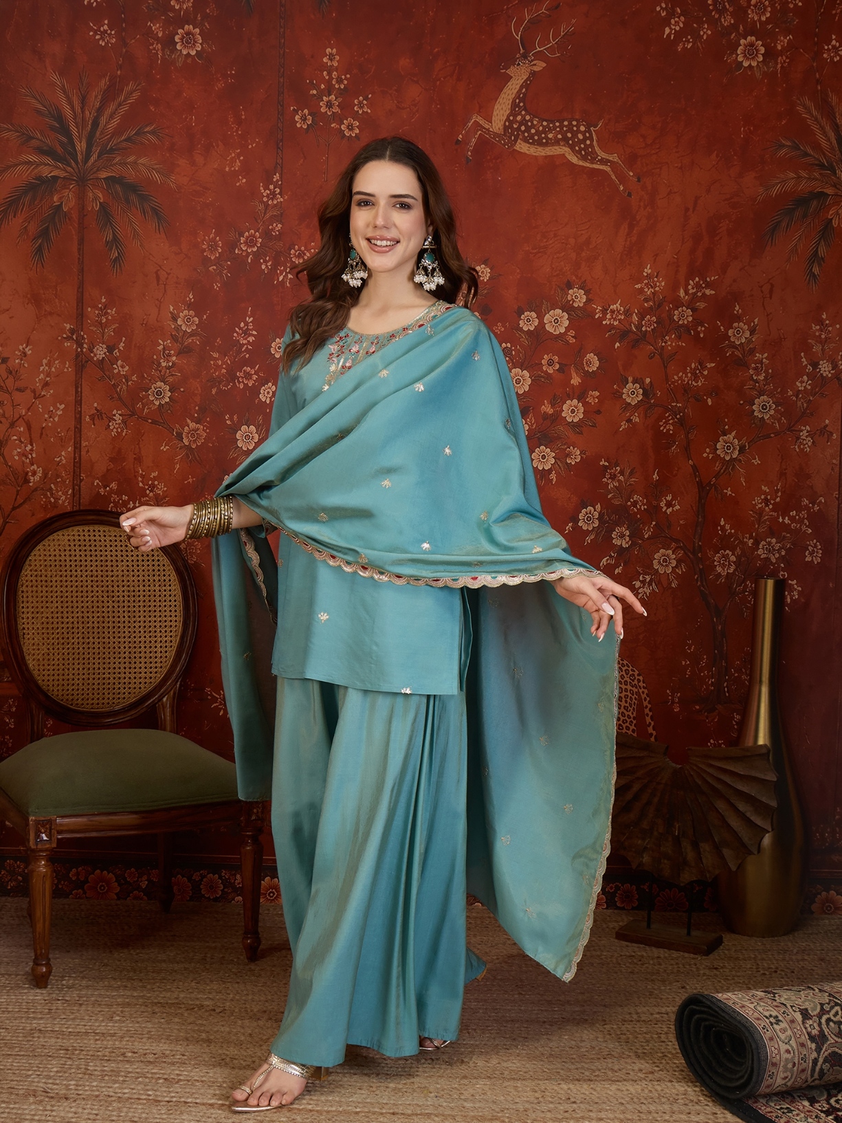 Sky Blue Designer Embroidery Roman Simmer Palazzo Suit