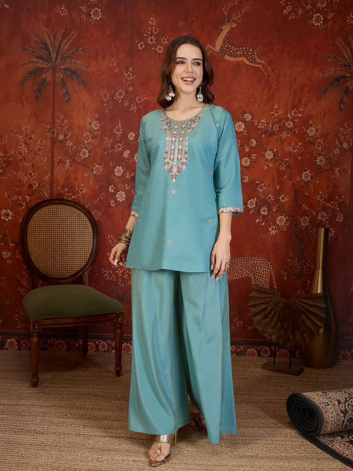 Sky Blue Designer Embroidery Roman Simmer Palazzo Suit