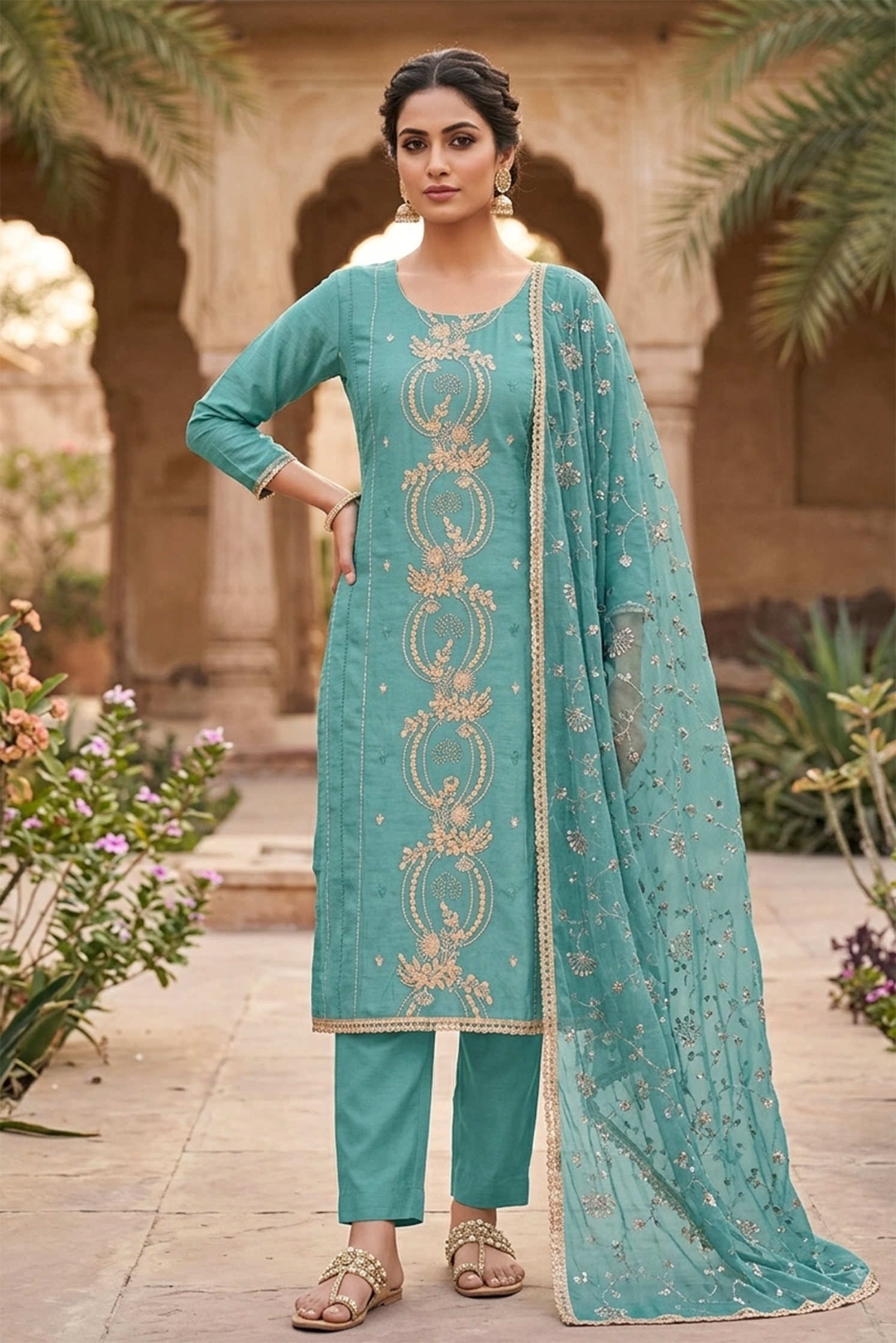 Sky Blue Embroidered Chanderi Straight Suit